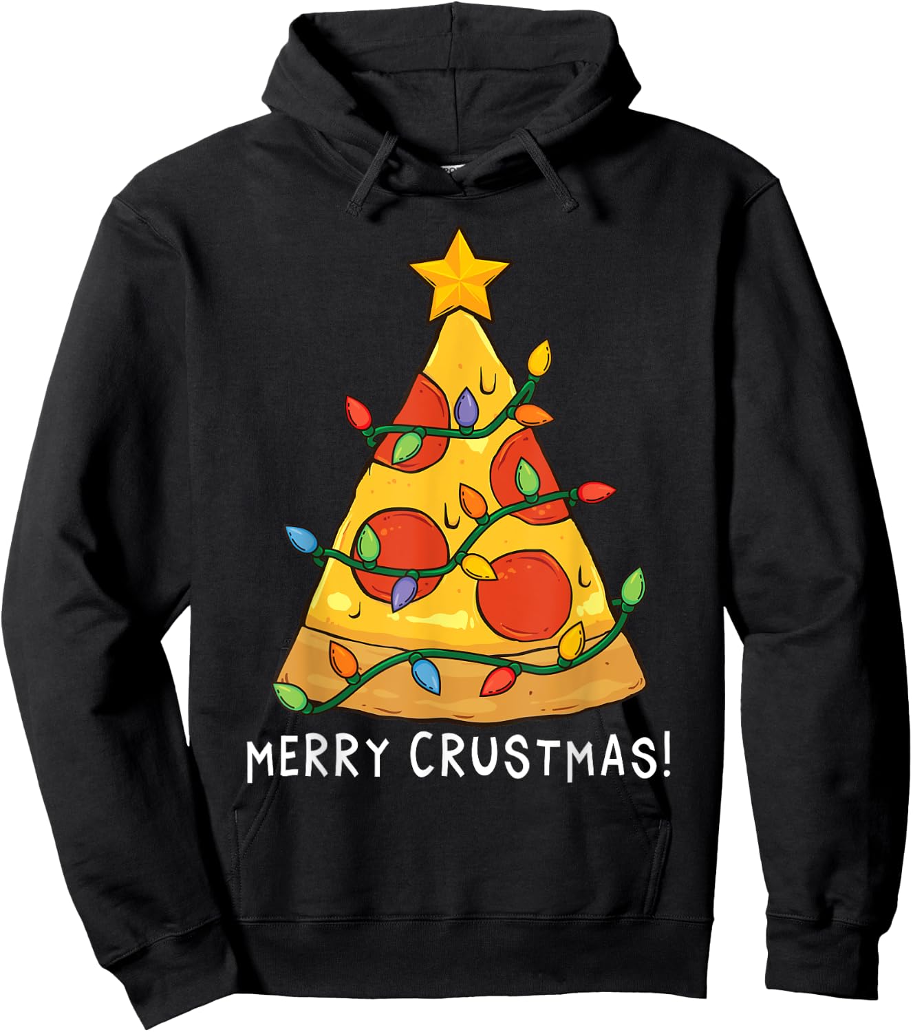 Funny Merry Crustmas Pizza on Earth Pizzamas Christmas Tree Hoodie - Hoodie | Black