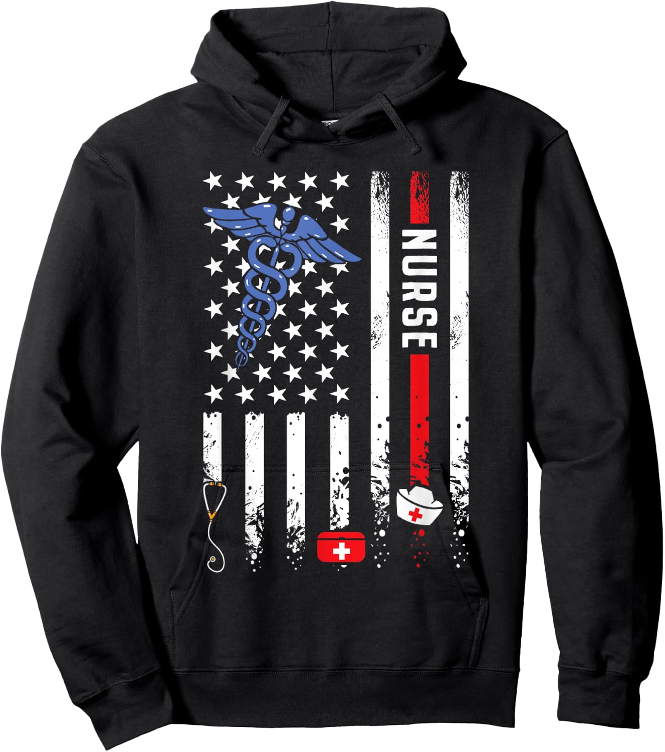 USA American Flag Vintage Nurse Nursing 4th of July Women Hoodie - Hoodie | Black