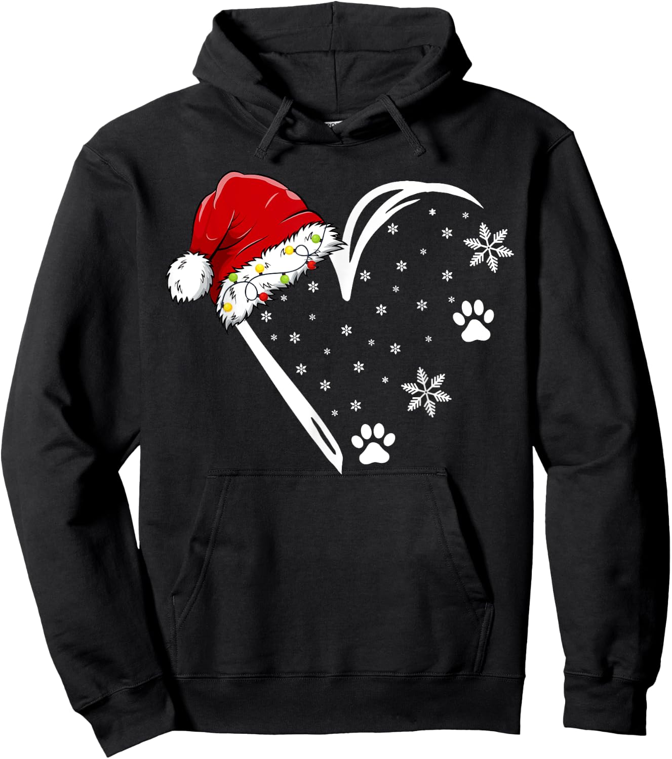 Dog Paw Print Heart Santa Hat Christmas Lights Animal Lover Women Kids Hoodie - Hoodie | Black