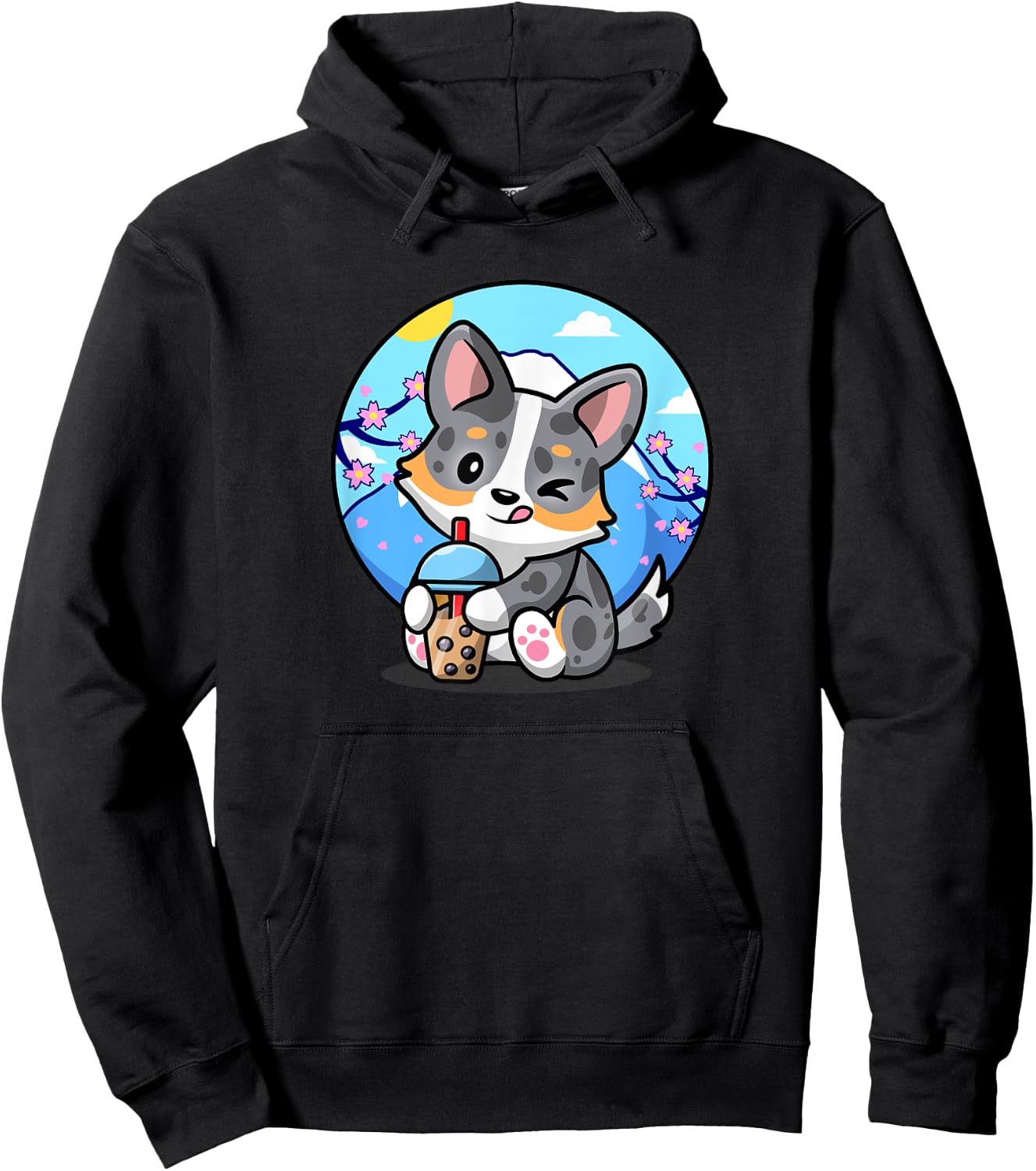 Funny Boba Bubble Tea Cherry Sakura Blue Merle Corgi Lover Hoodie - Hoodie | Black