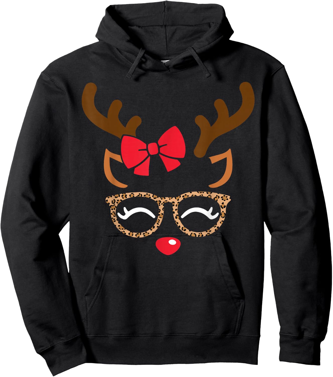 Reindeer Face Bow Leopard Glasses Christmas Girls Pajama Hoodie - Hoodie | Black