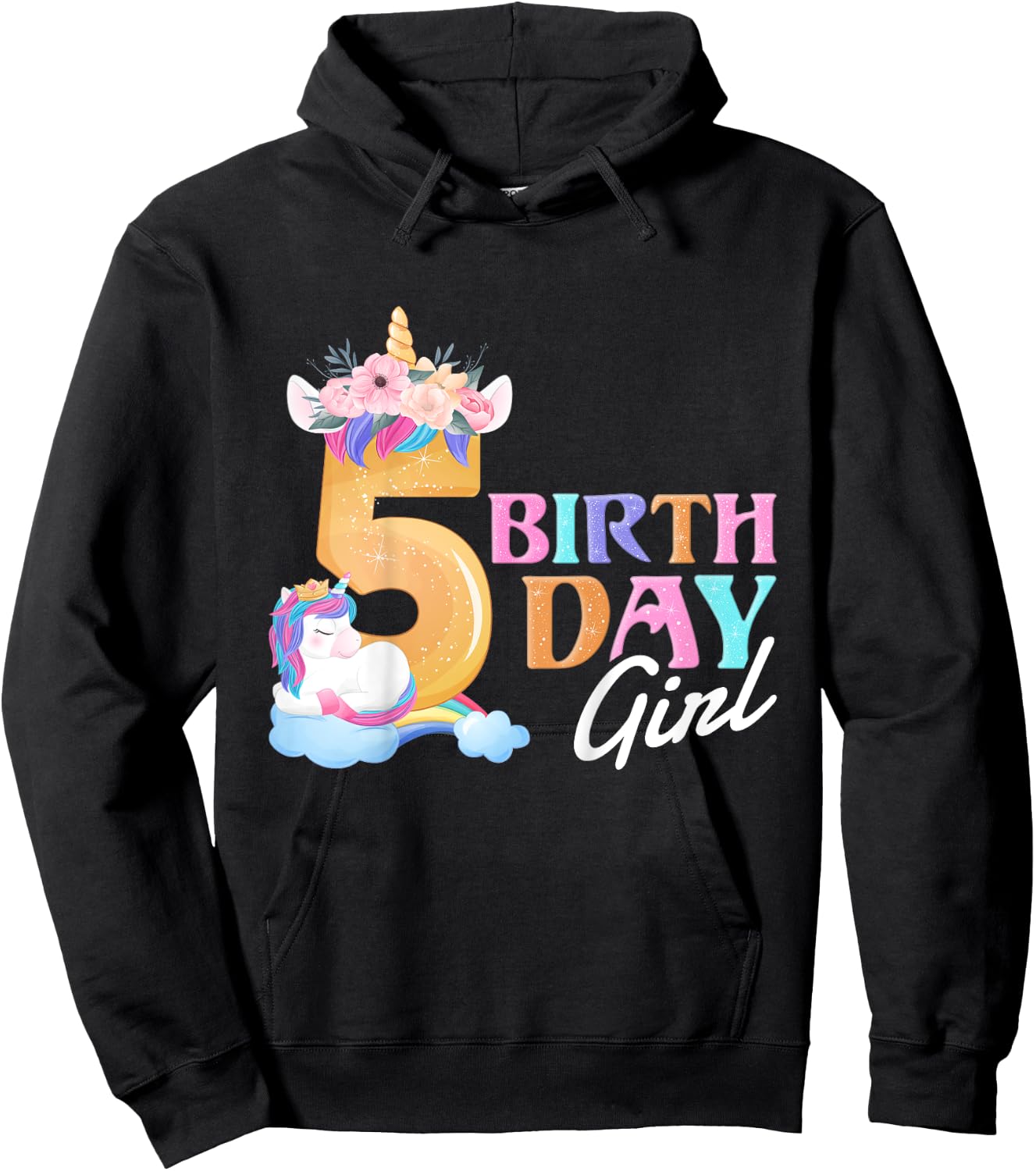 5 Year Old Birthday Girl, 5th Birthday Unicorn Hoodie - Hoodie | Black