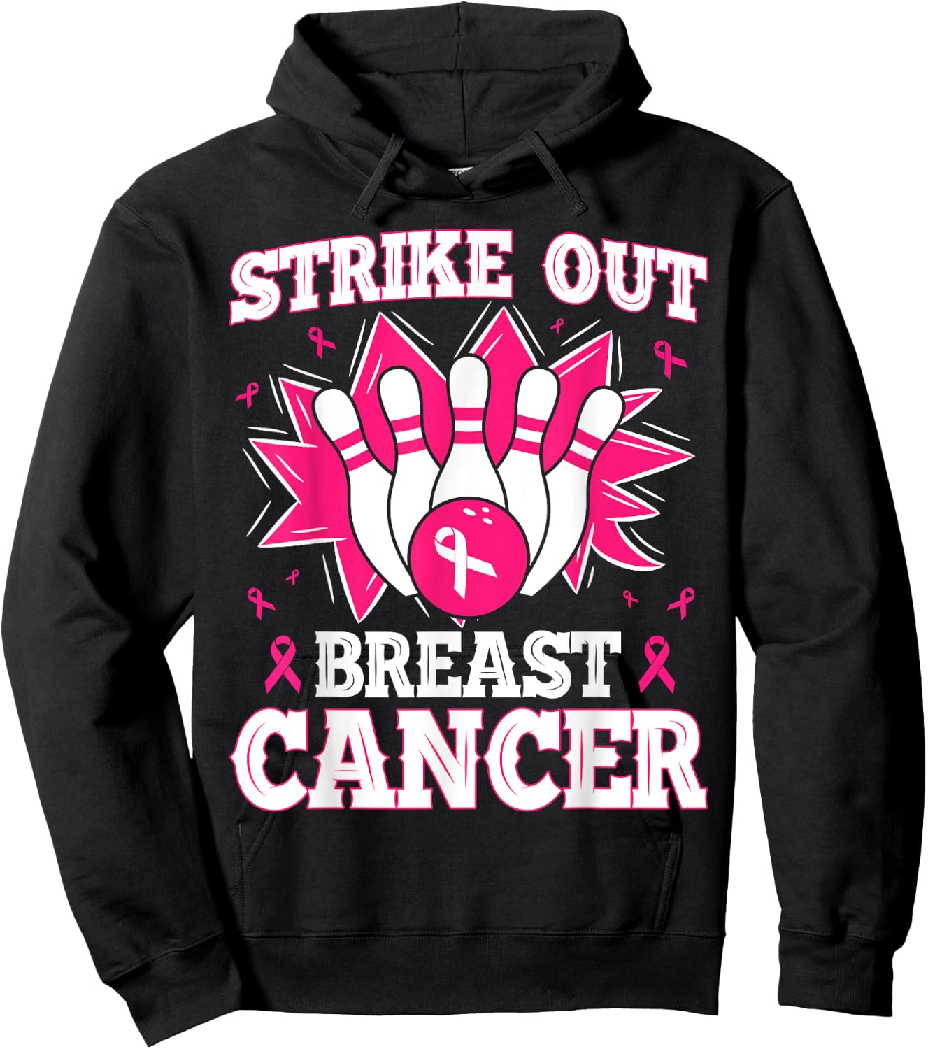 Strike Out Bowling Pink Ribbon Breast Cancer Awareness Hoodie - Hoodie | Black