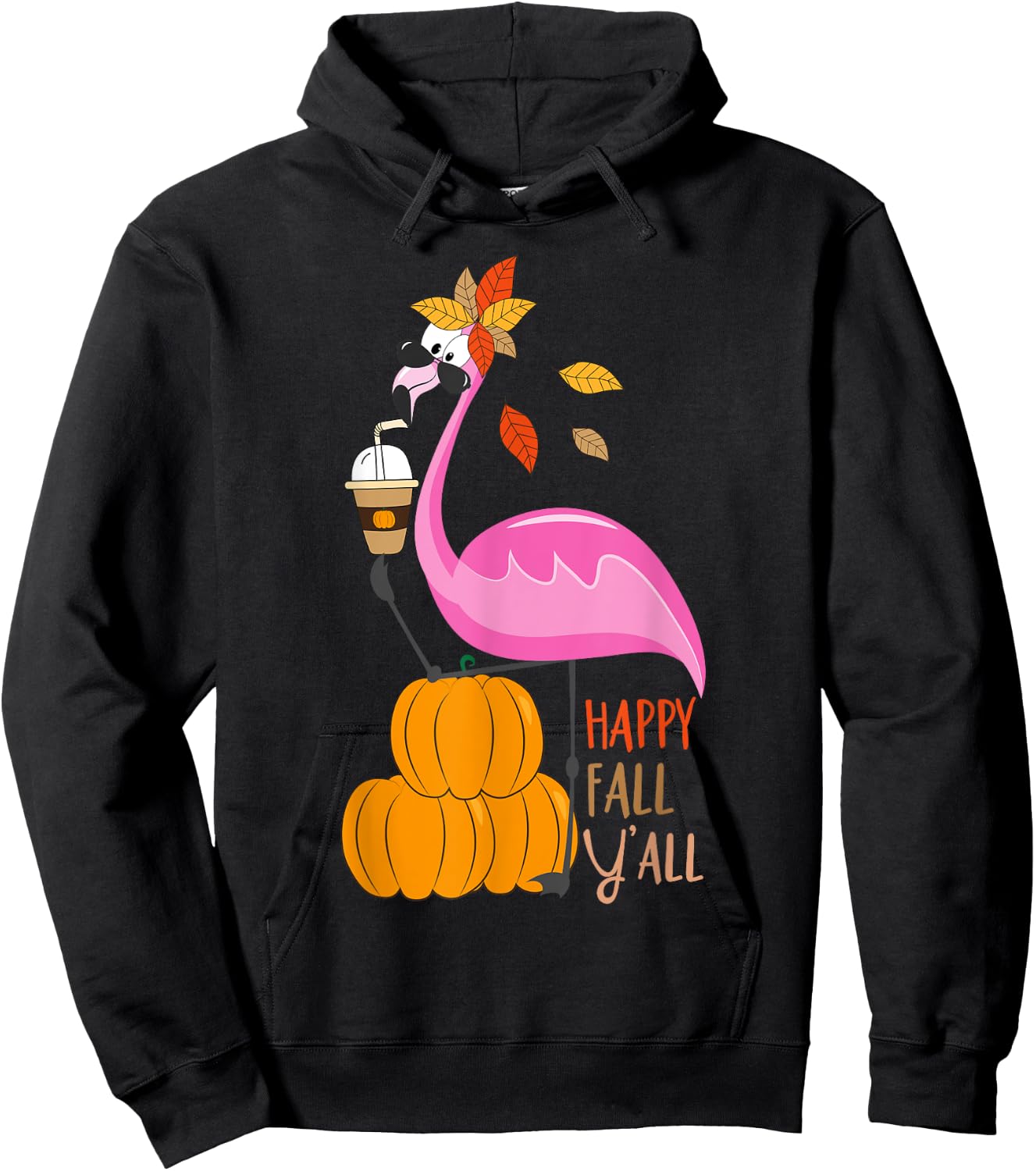Happy Fall Y'all Pumpkin Flamingo Autumn Graphic Hoodie - Hoodie | Black