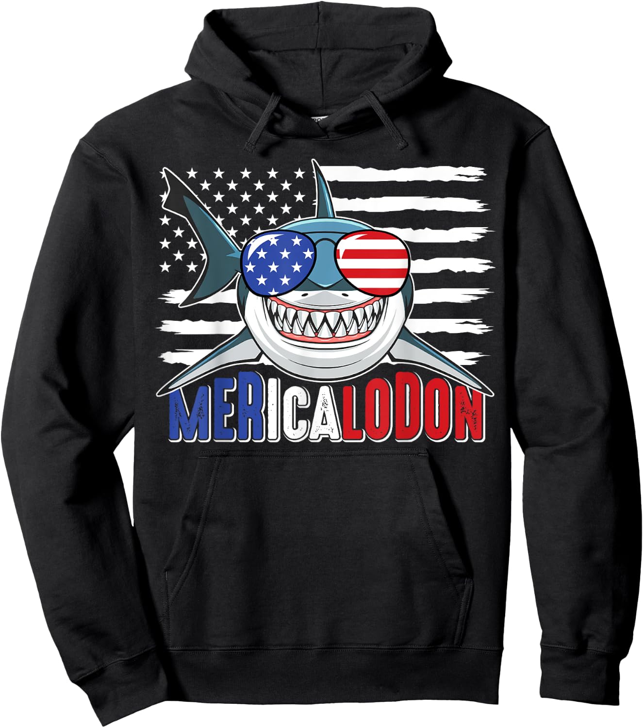 Merica Shark Funny 4th of July Megalodon American Flag Hoodie - Hoodie | Black