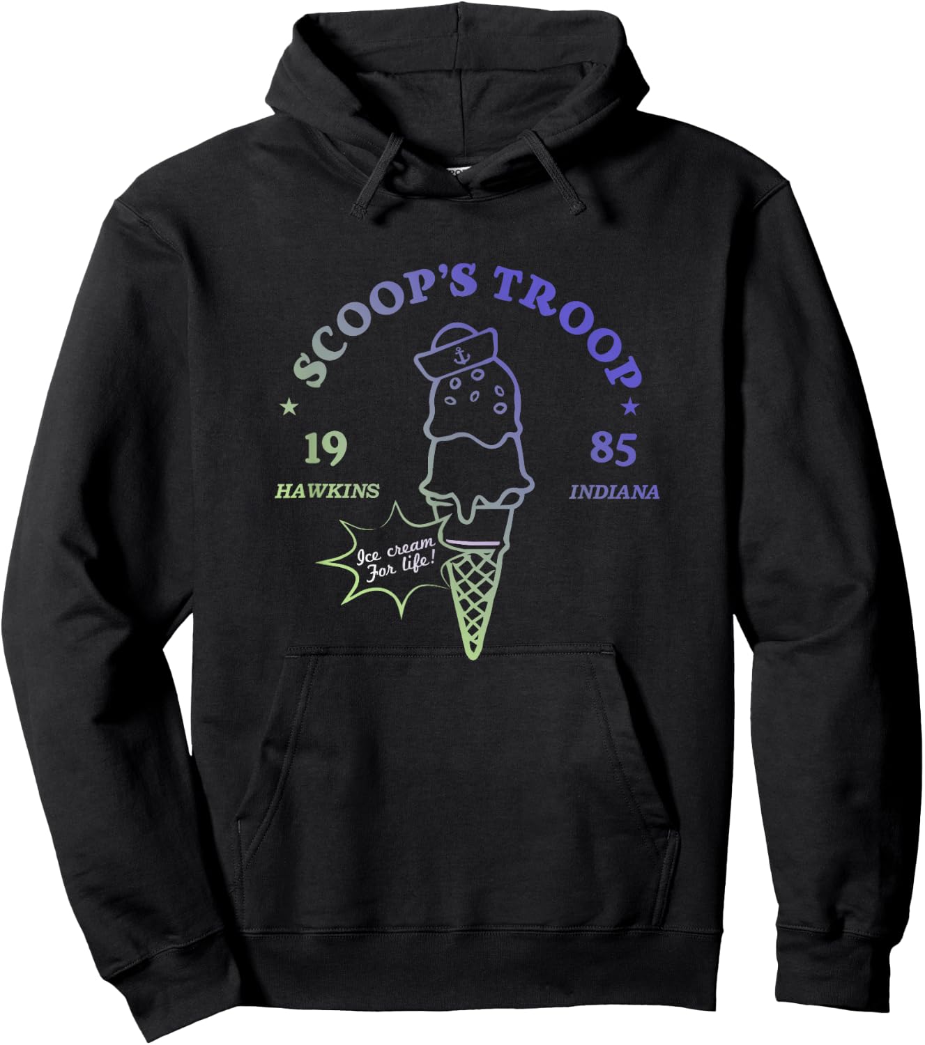 Stranger Things Vintage Gradient Scoop's Troop 1985 Badge Hoodie - Hoodie | Black
