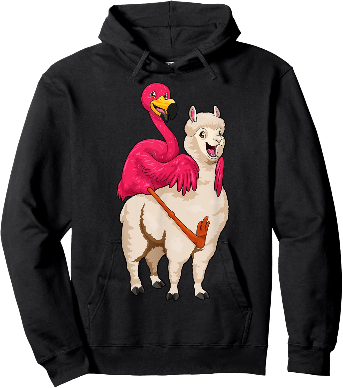 Flamingo Riding Llama Funny Flock Bird Llama Farmer Pun Hoodie - Hoodie | Black