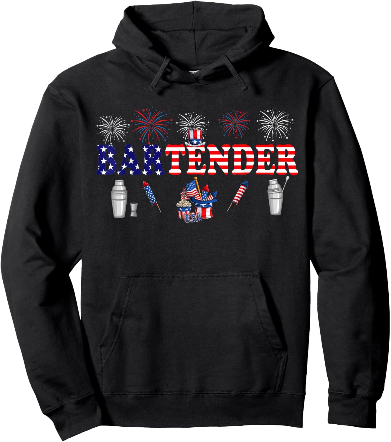 Bartender Costume Proud 4th Of July American Flag Fireworks Hoodie - Hoodie | Black