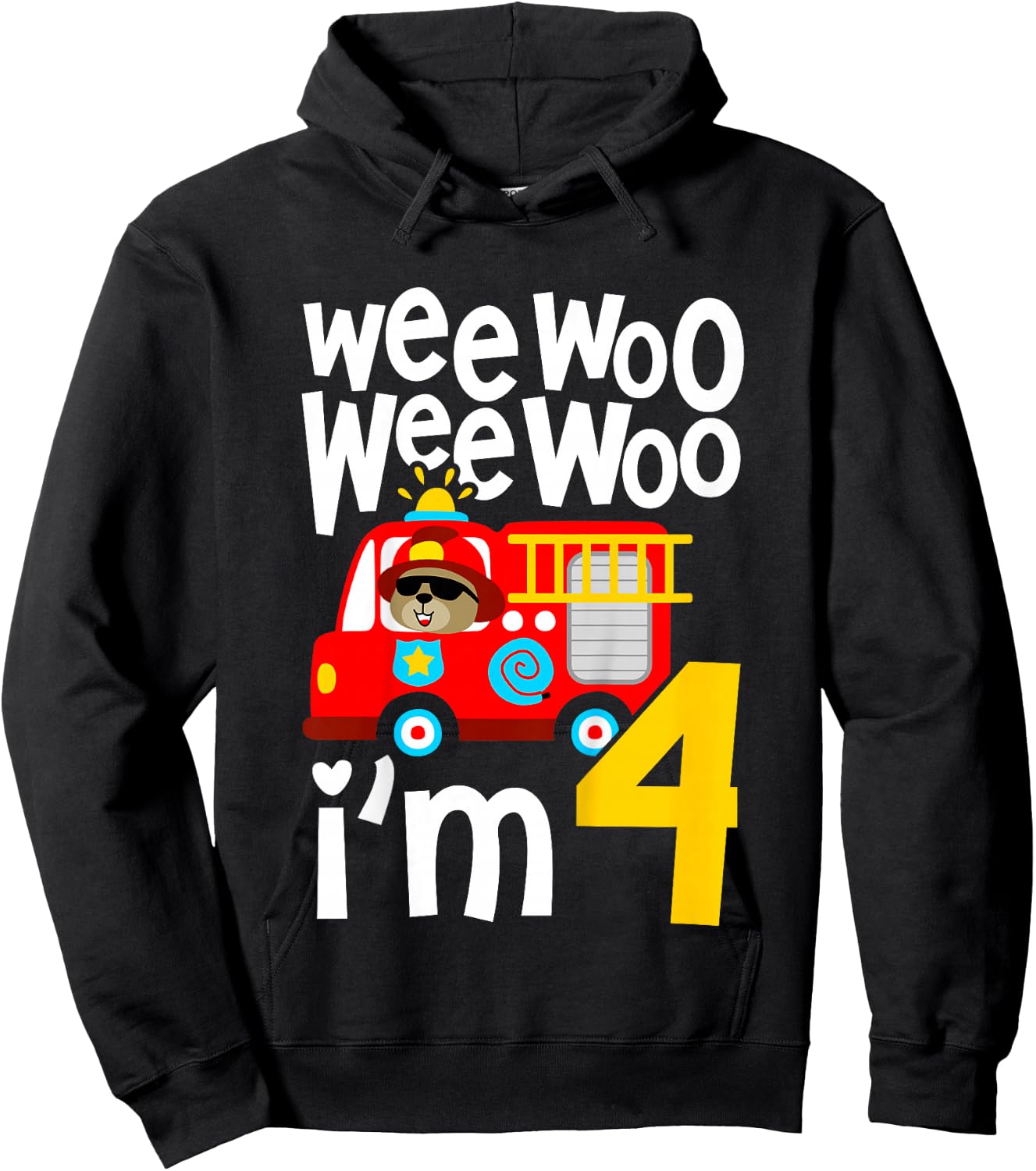 Kids Boys Birthday Wee Woo Wee Woo I'm 4 Red Fire Truck Hoodie - Hoodie | Black