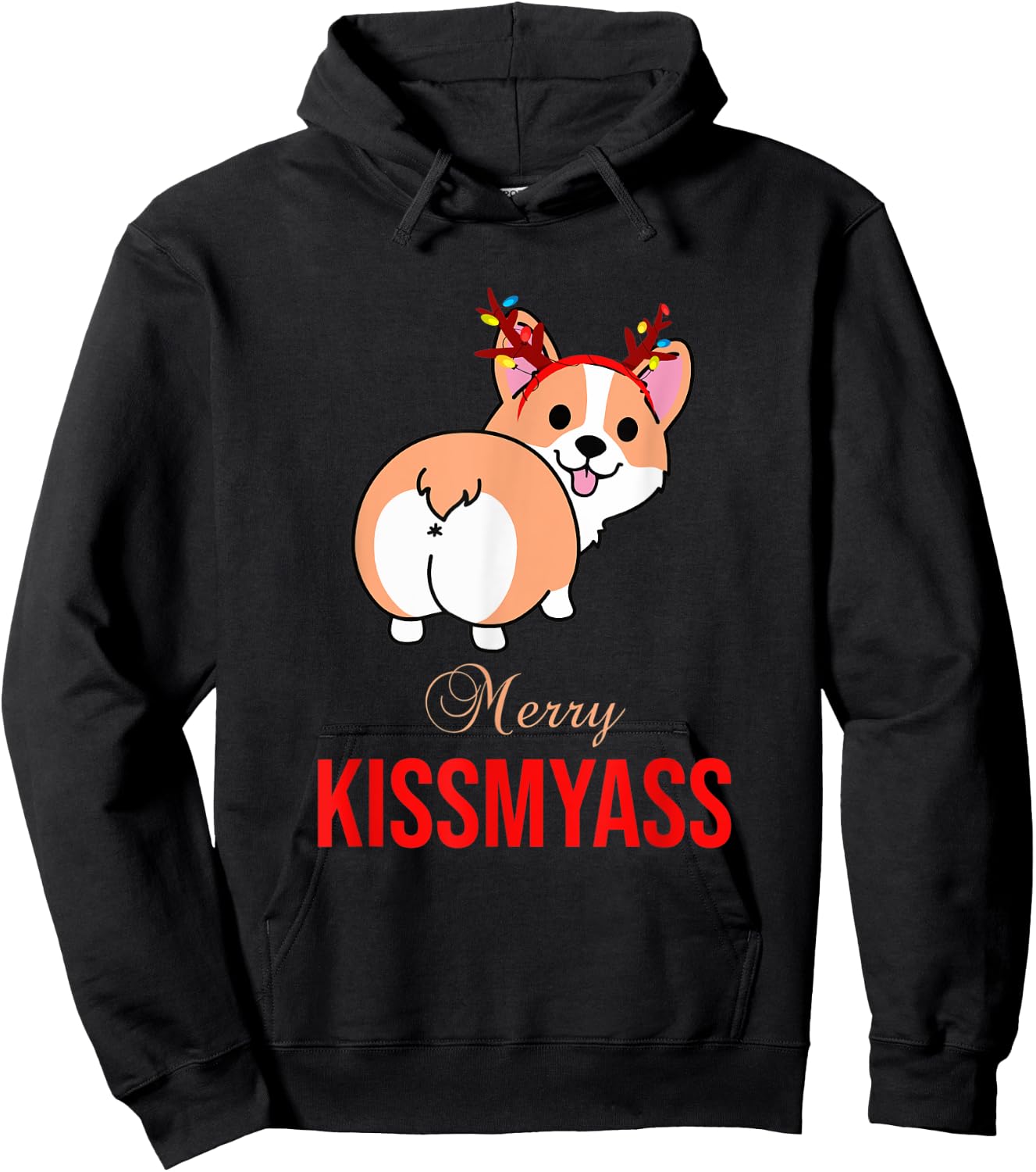 Merry Kissmyass Funny Christmas Reindeer Corgi Dog Lover Hoodie - Hoodie | Black