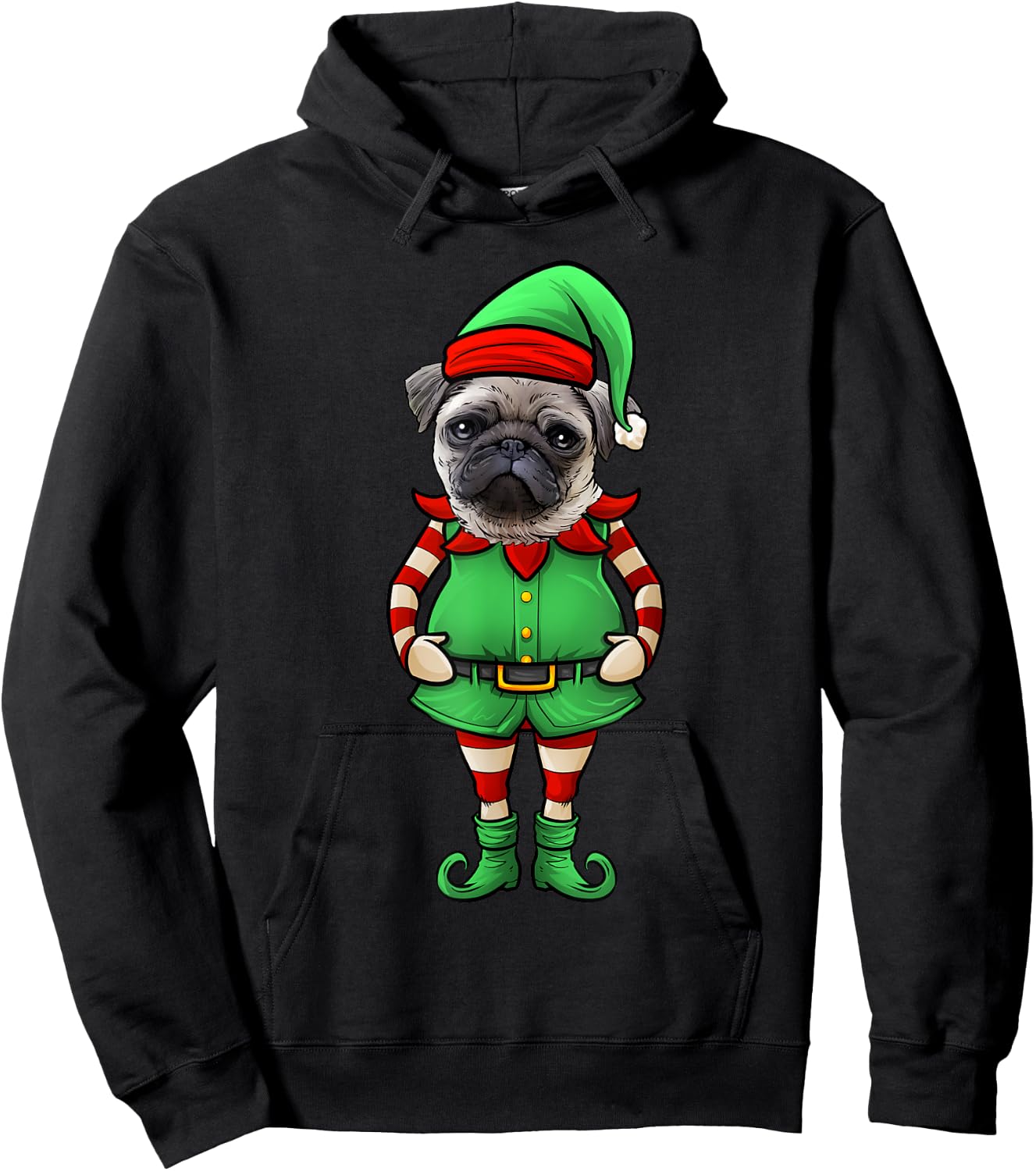 Funny Christmas Elf Pug Dog Hoodie - Hoodie | Black