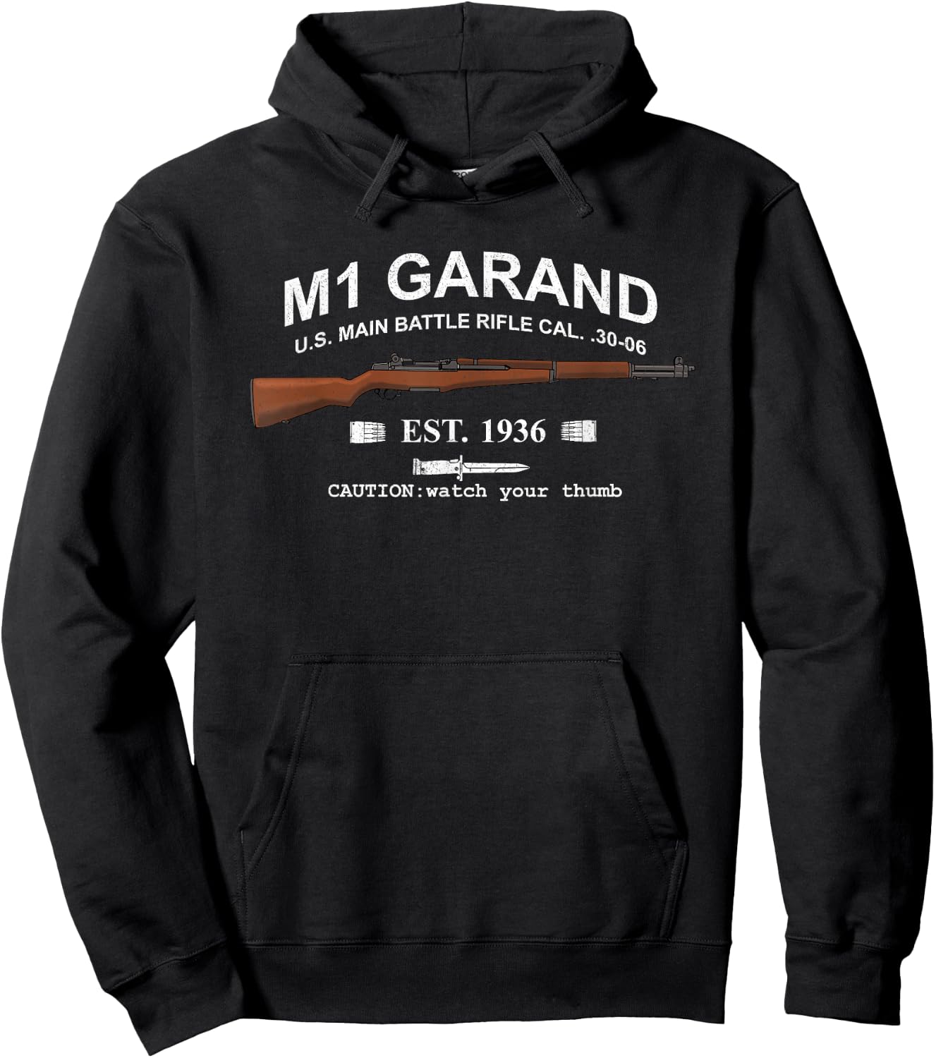 M1 Garand Rifle Gun WWII Watch Your Thumb EST 1936 Graphic Hoodie - Hoodie | Black