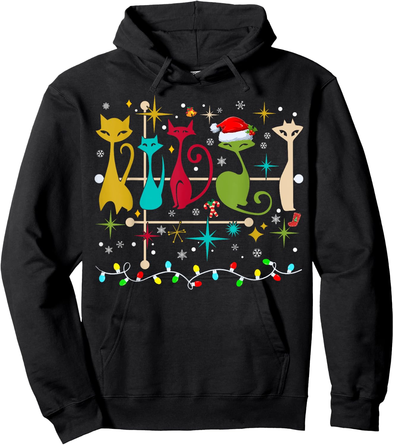 Mid Century Modern Look Cats Christmas Retro 50s 60s Xmas Hoodie - Hoodie | Black