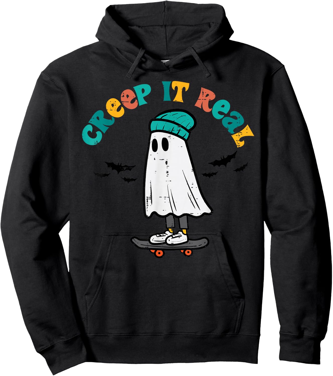 Ghost Skateboard Creep It Real Retro Halloween Skater Boys Hoodie - Hoodie | Black