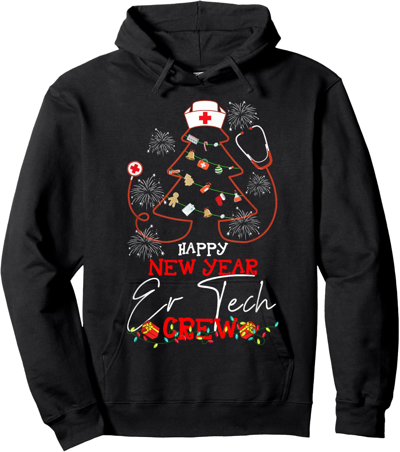 Happy New Year ER Tech Crew Reindeer Nurse Christmas Hoodie - Hoodie | Black