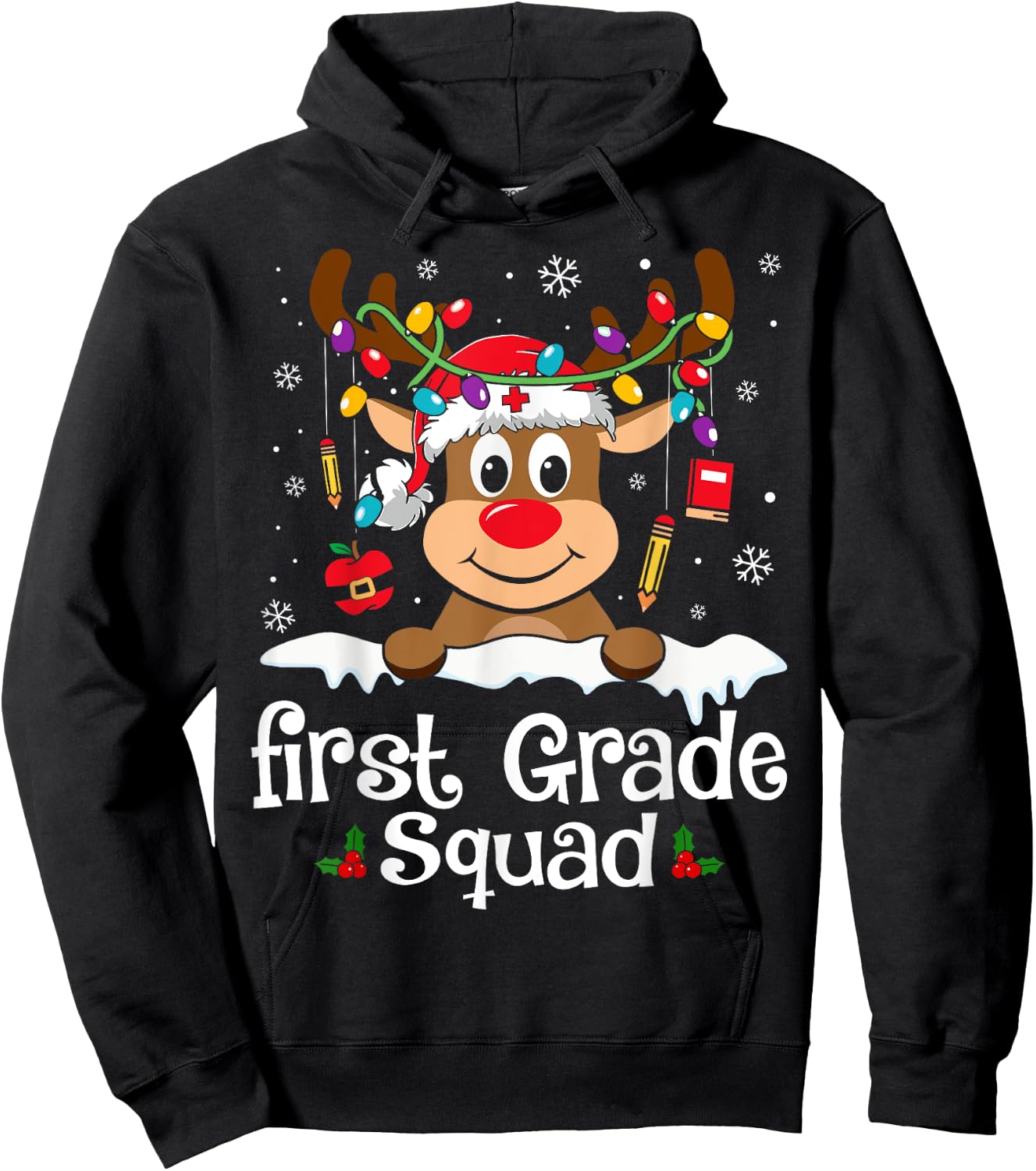 First Grade Teacher Squad Funny Reindeer Teacher Christmas Hoodie - Hoodie | Black
