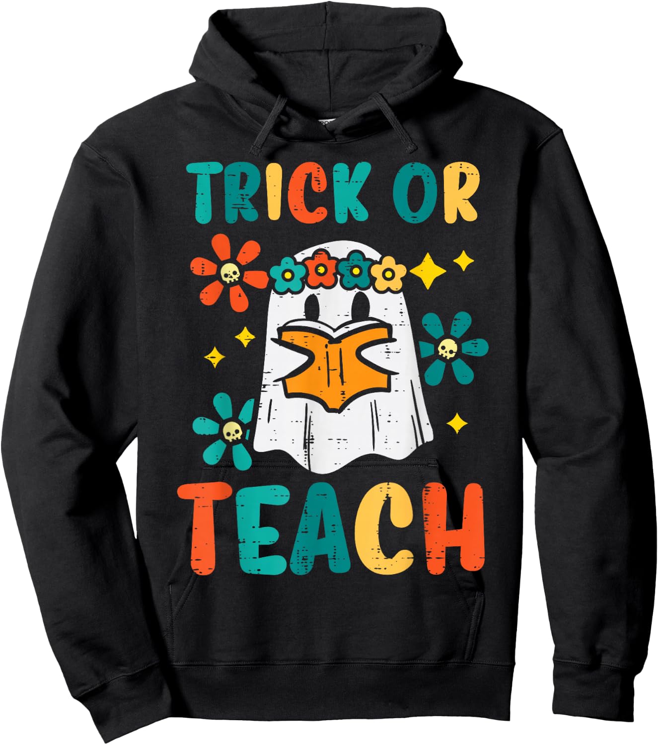 Ghost Books Trick Or Teach Retro Groovy Halloween Teacher Hoodie - Hoodie | Black