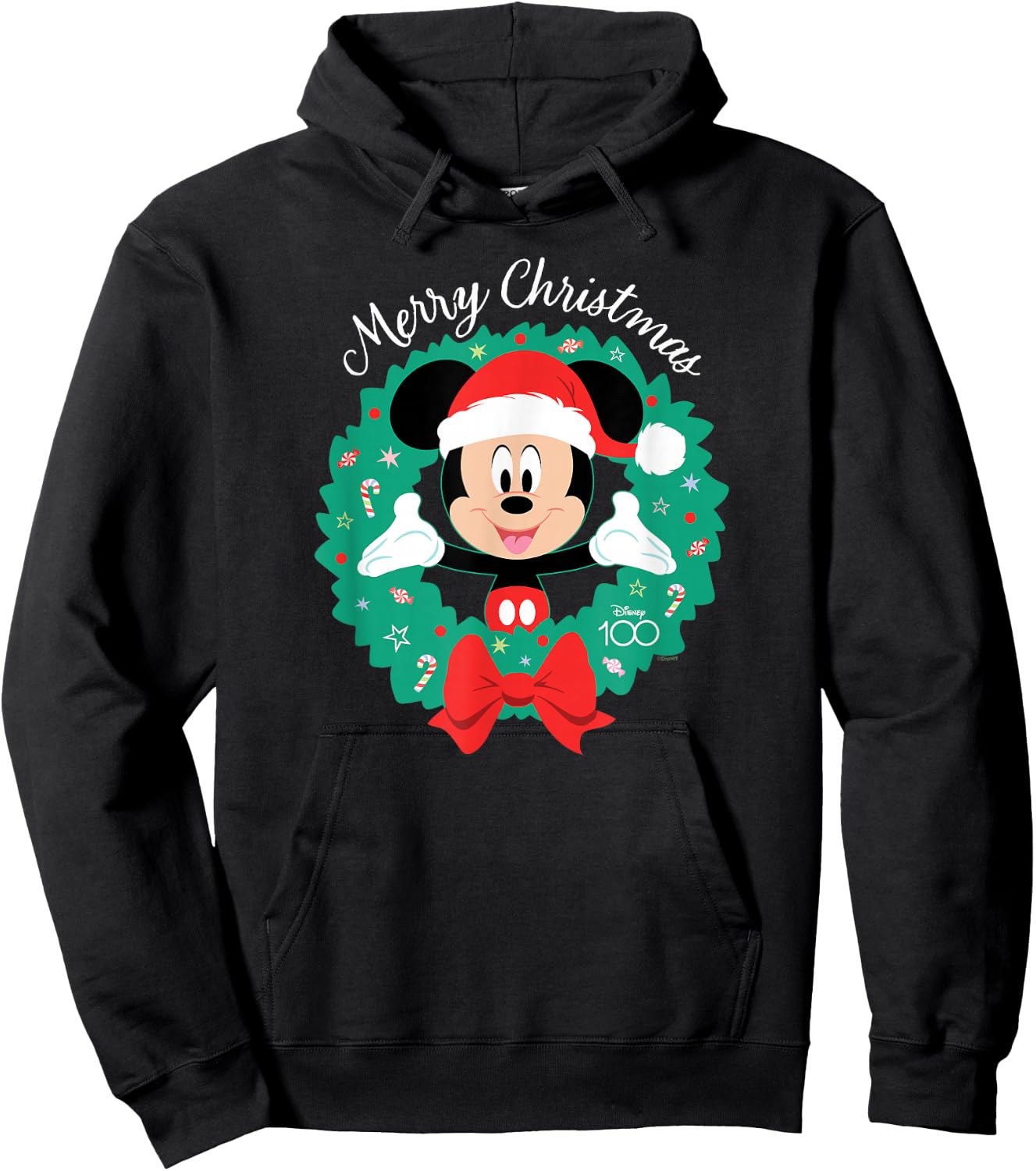 Disney 100 Mickey Mouse Merry Christmas Wreath Holiday D100 Hoodie - Hoodie | Black