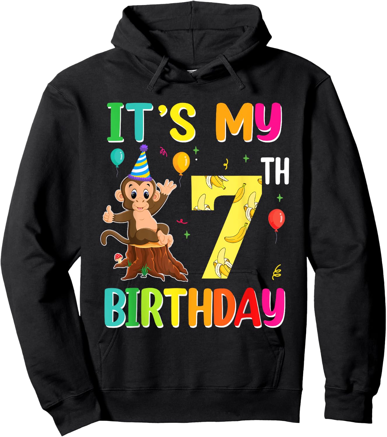 It's My 7th Birthday Monkey 7 Year Old Boy Girl Hoodie - Hoodie | Black