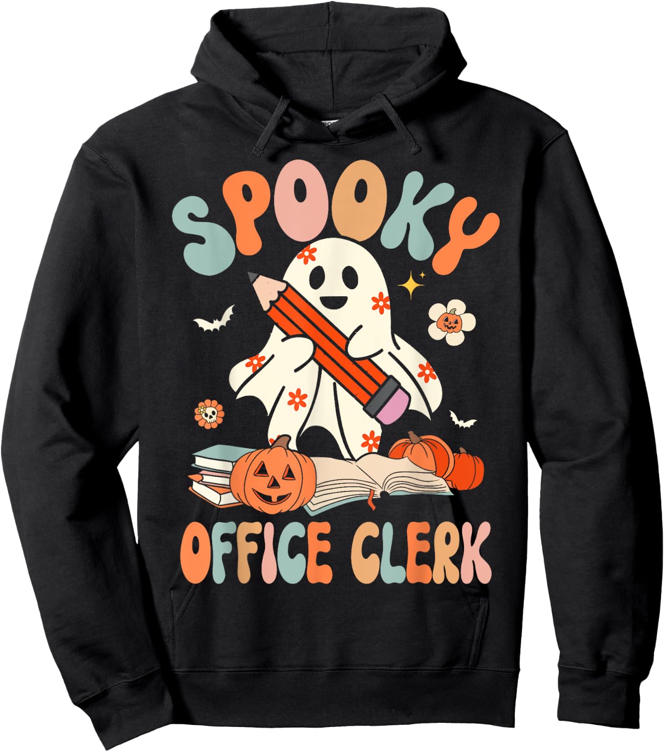 Groovy Halloween Spooky Office Clerk Retro Floral Ghost Hoodie - Hoodie | Black