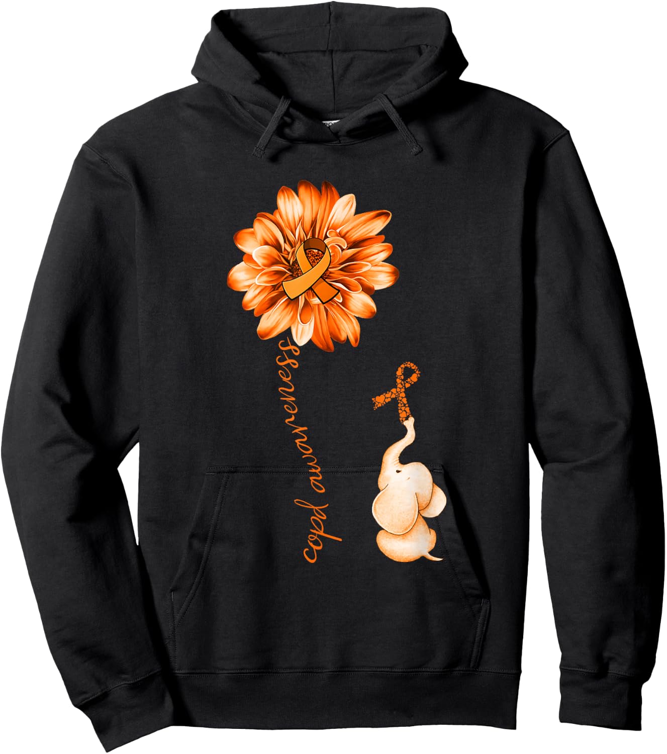 Elephant Sunflower Orange Ribbon COPD Awareness Hoodie - Hoodie | Black