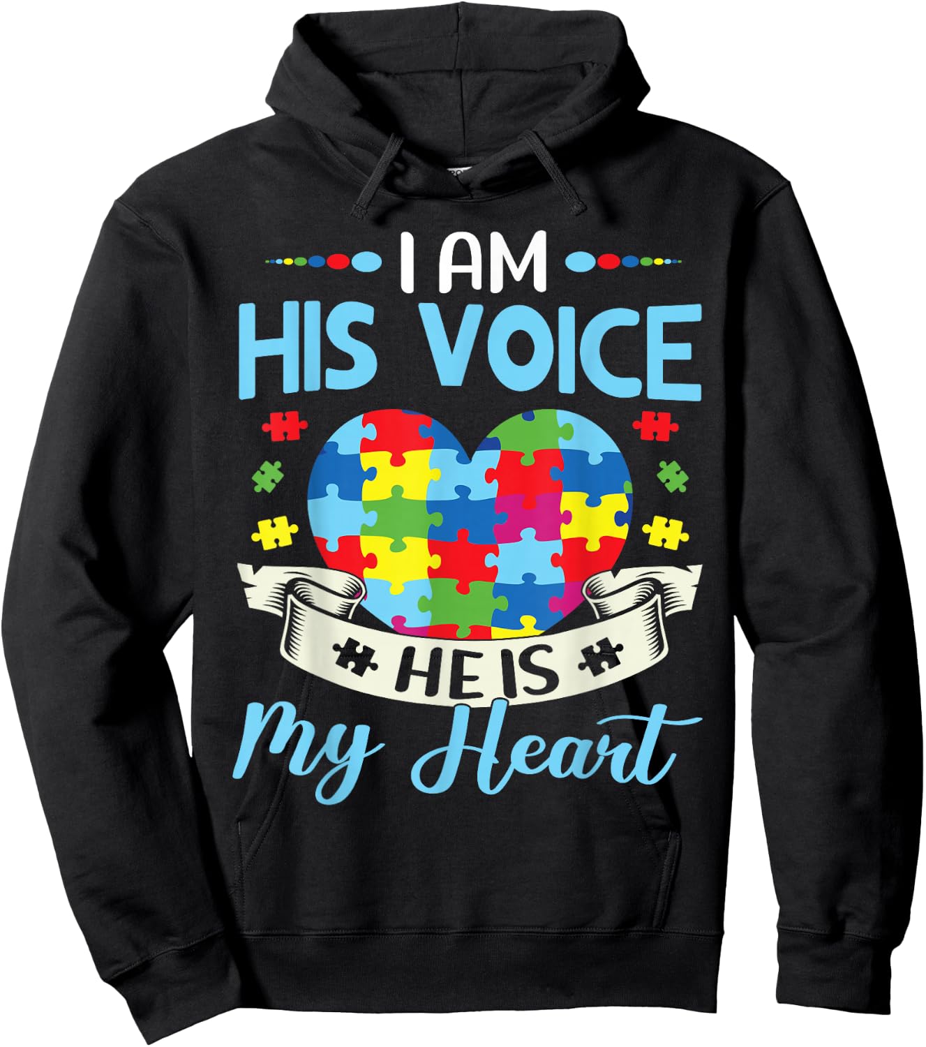 I Am His Voice He Is My Heart Autism Awareness Puzzle Piece Hoodie - Hoodie | Black