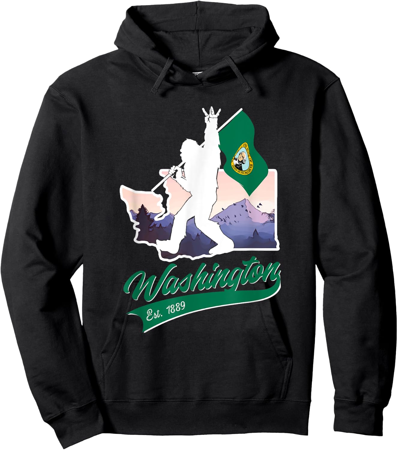 Bigfoot West Coast State of Washington Flag Souvenir Hoodie - Hoodie | Black