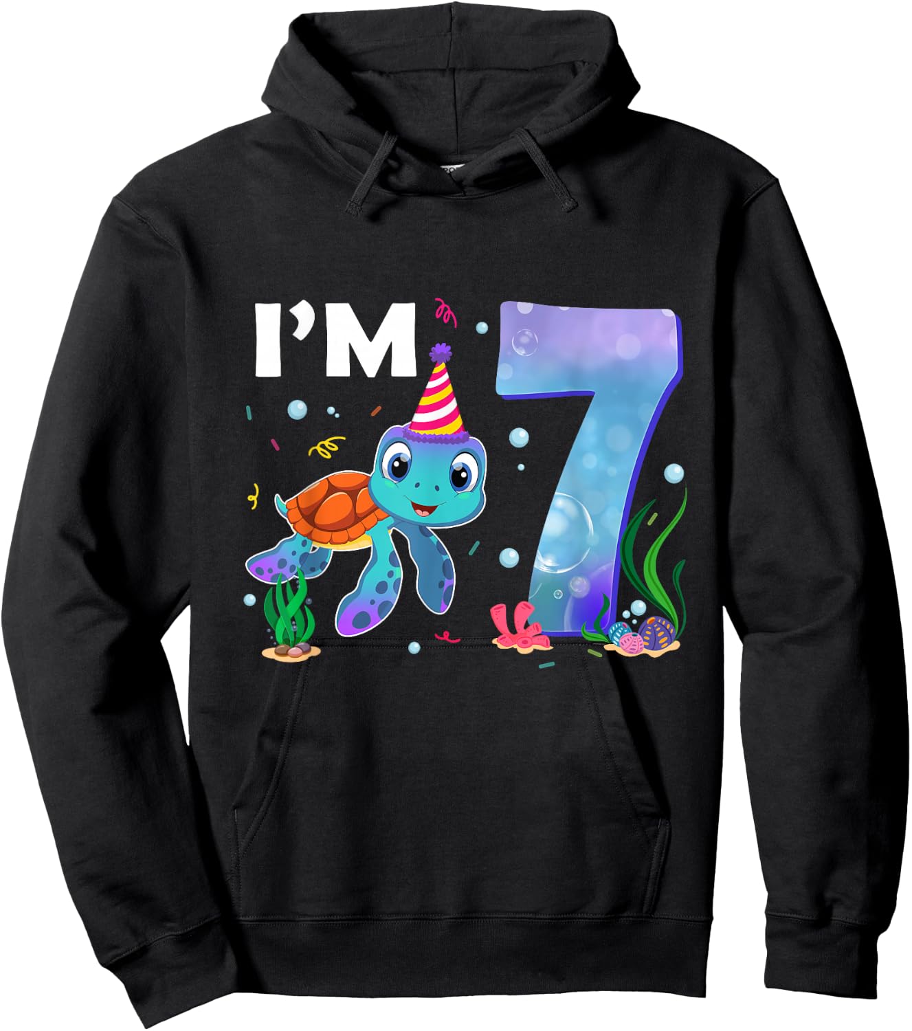 Sea Turtle Birthday I'm 7 Ocean Theme 7th Birthday Girl Hoodie - Hoodie | Black