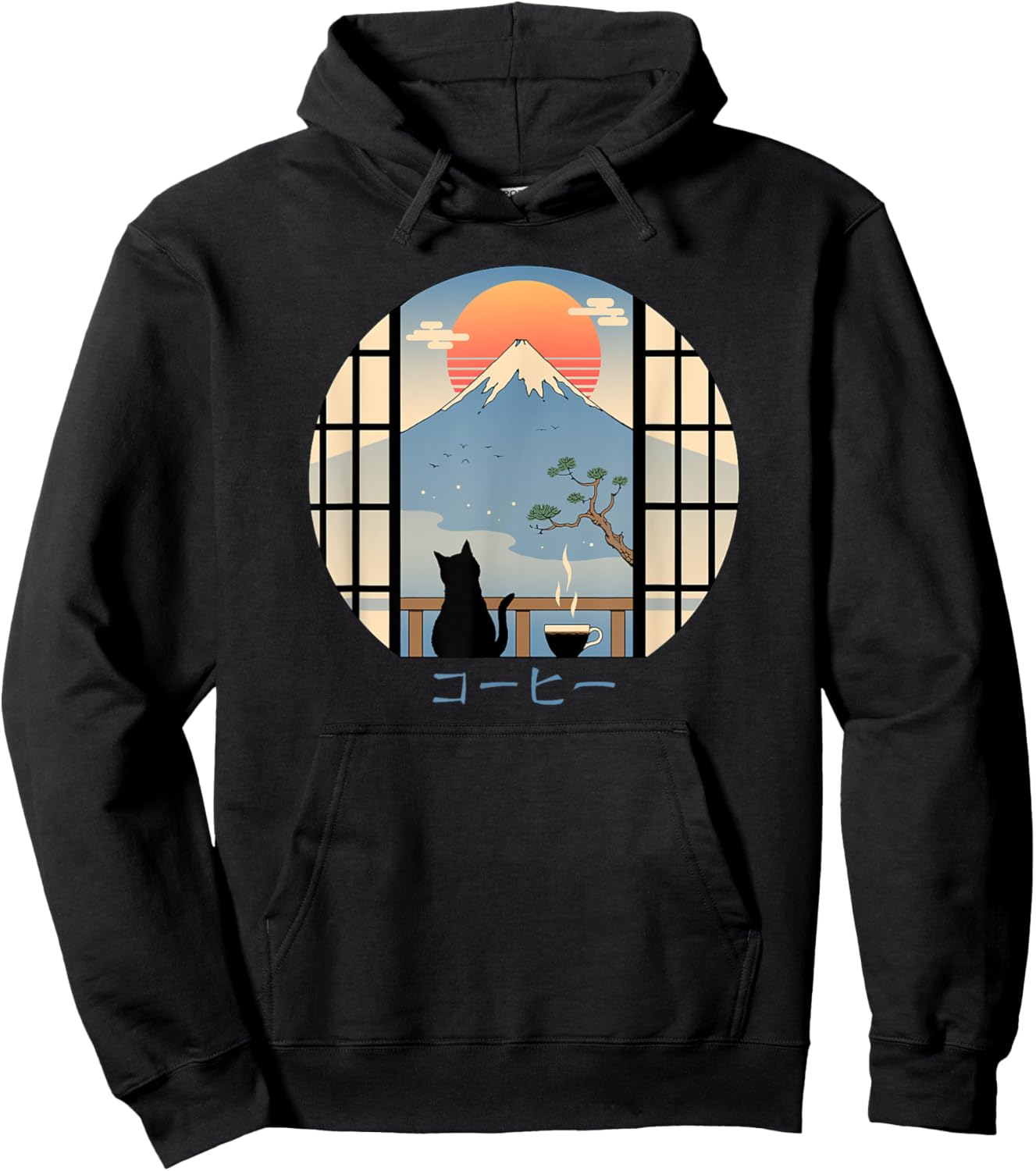 Coffee Cat in Mt. Fuji Hoodie - Hoodie | Black