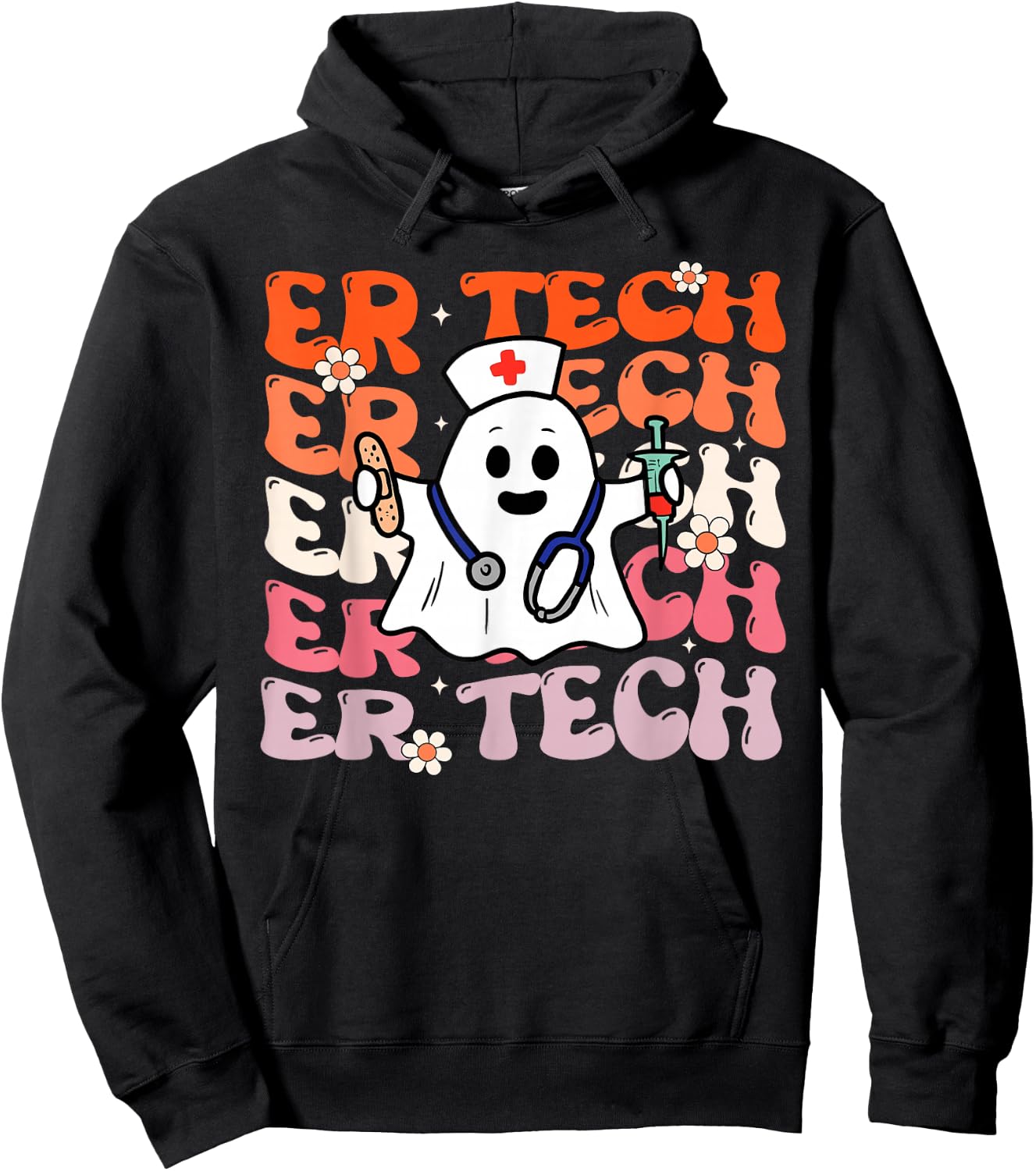 ER Tech Groovy Funny Halloween Ghost Nursing Spooky Costume Hoodie - Hoodie | Black