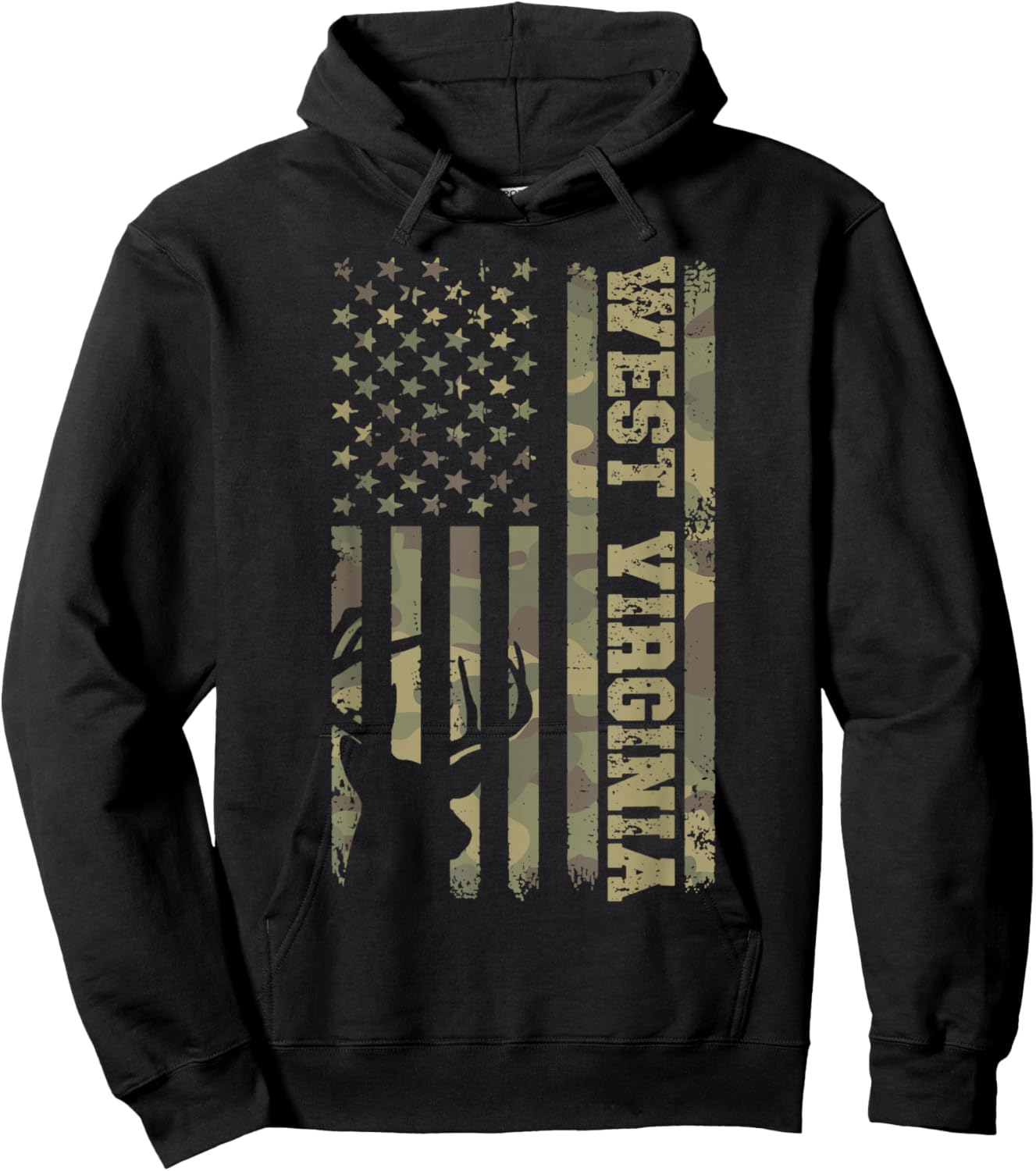 West Virginia Deer Hunter Vintage Deer Hunting Camo USA Flag Hoodie - Hoodie | Black