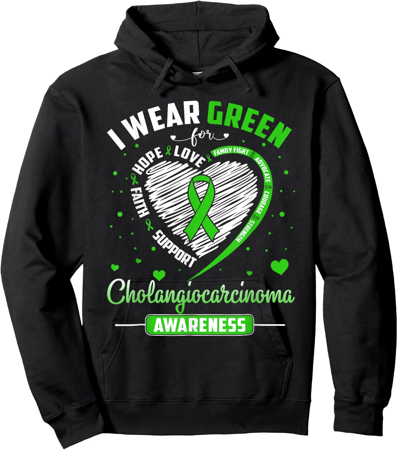 Heart I Wear Green For Cholangiocarcinoma Awareness Month Hoodie - Hoodie | Black