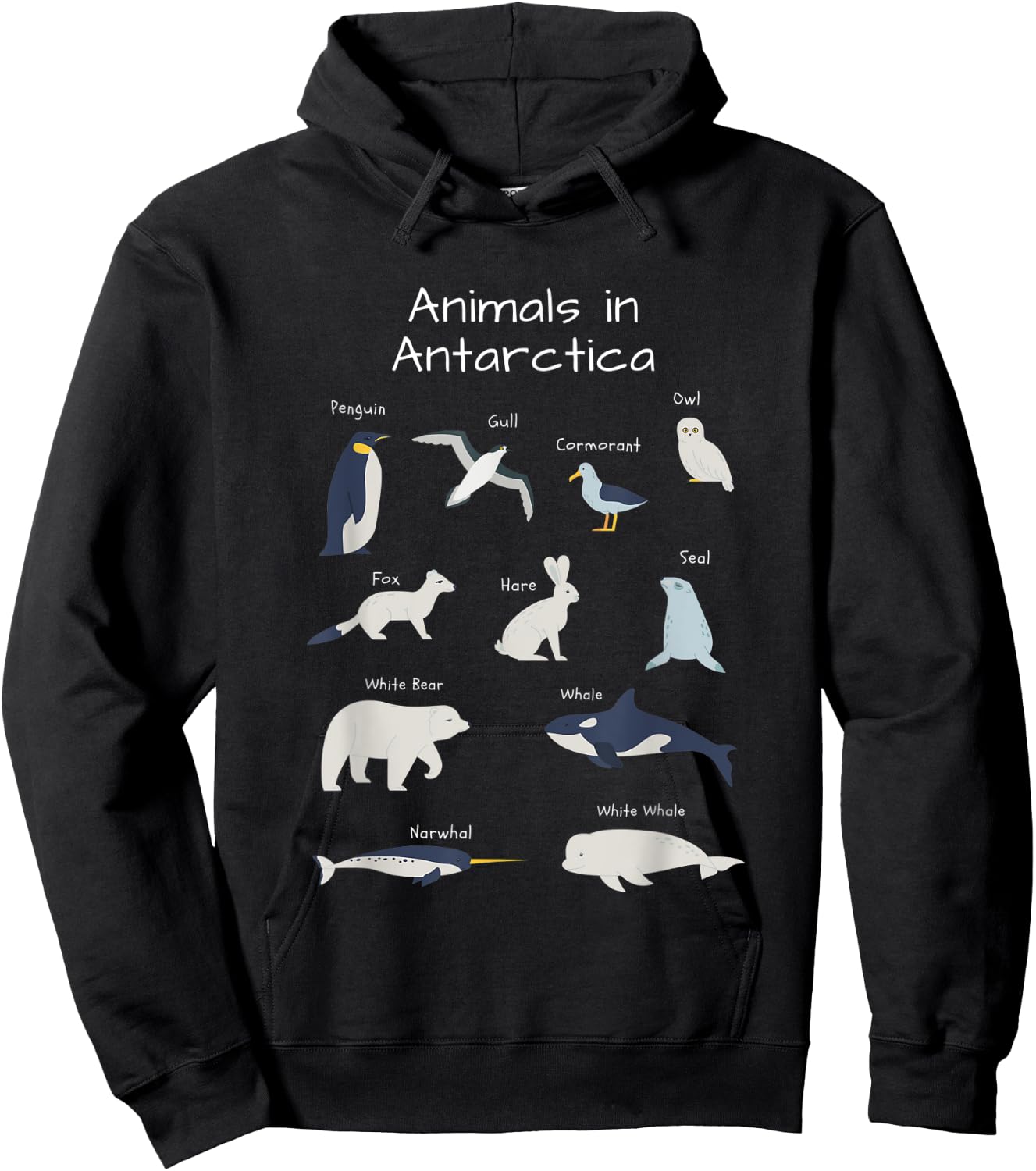 Antarctica Animals Narwhal Bear Penguin Seal Whale Owl Fox Hoodie - Hoodie | Black