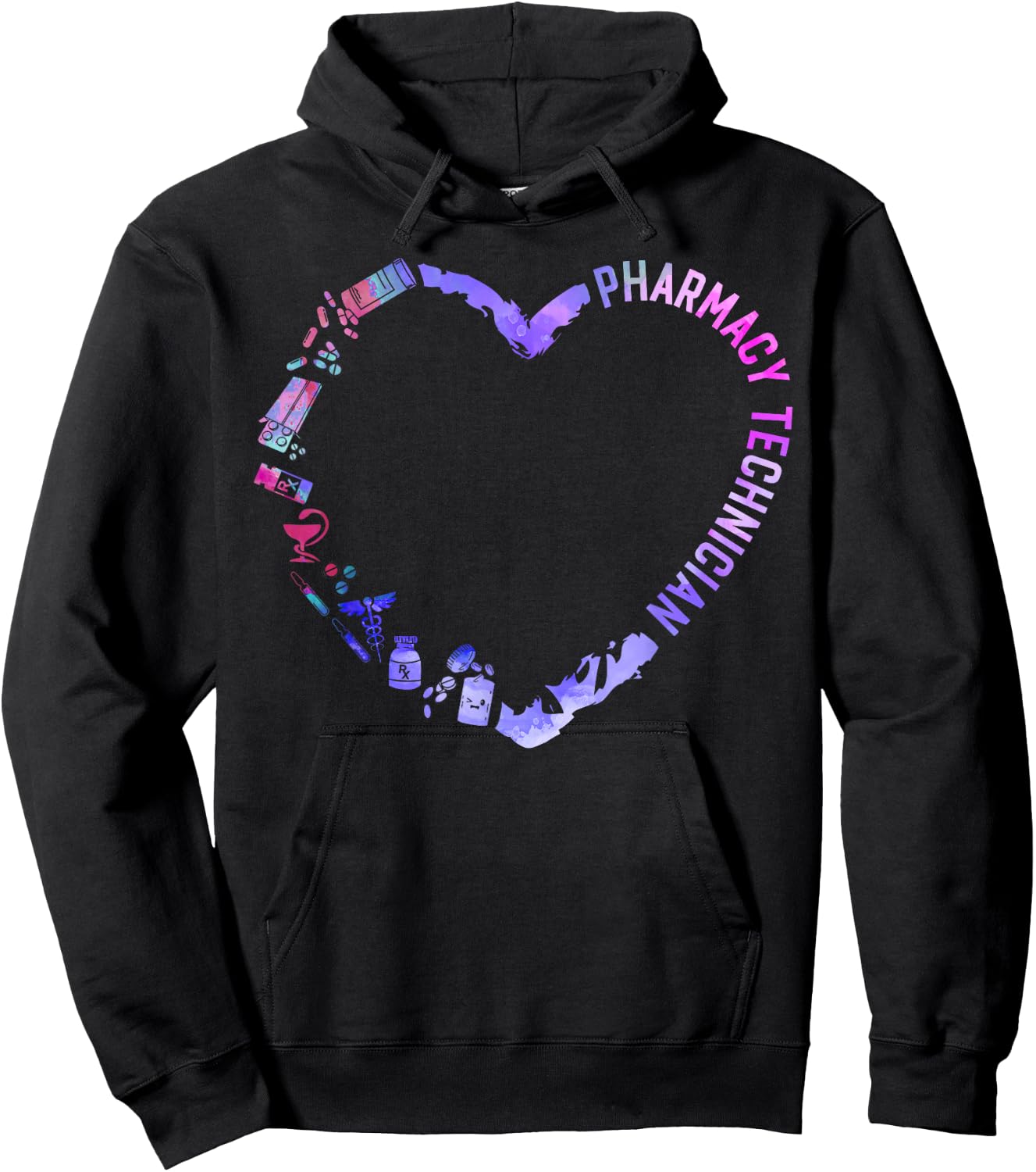 Pharmacy Tech Technician Pharmacist Student Heart Watercolor Hoodie - Hoodie | Black