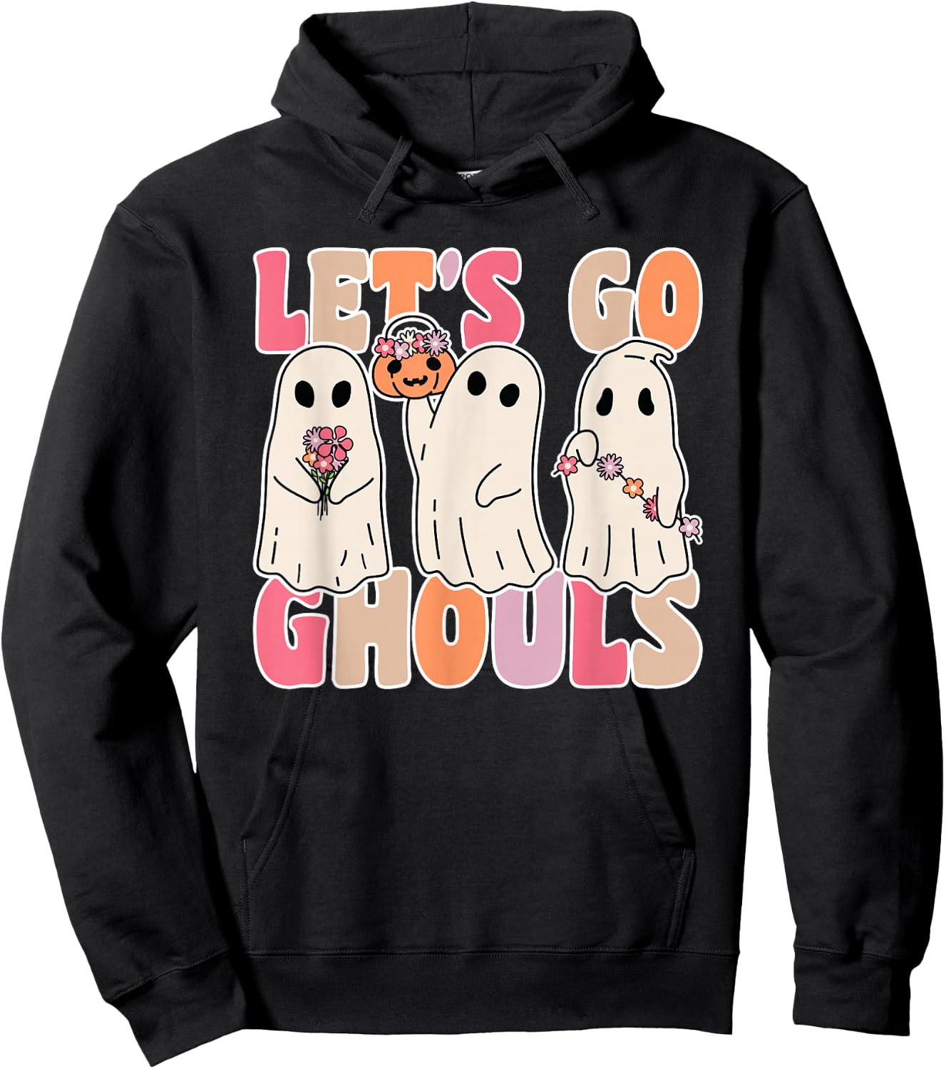 Let's Go Ghouls Groovy Ghost With Vintage Flowers Halloween Hoodie - Hoodie | Black