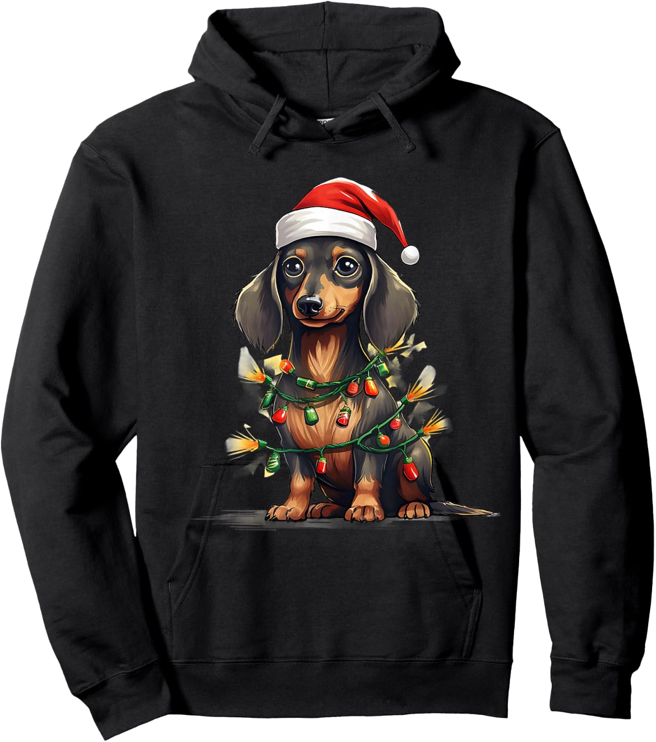 Merry Christmas Dachshund Santa Hat Lights Xmas Men Women Hoodie - Hoodie | Black