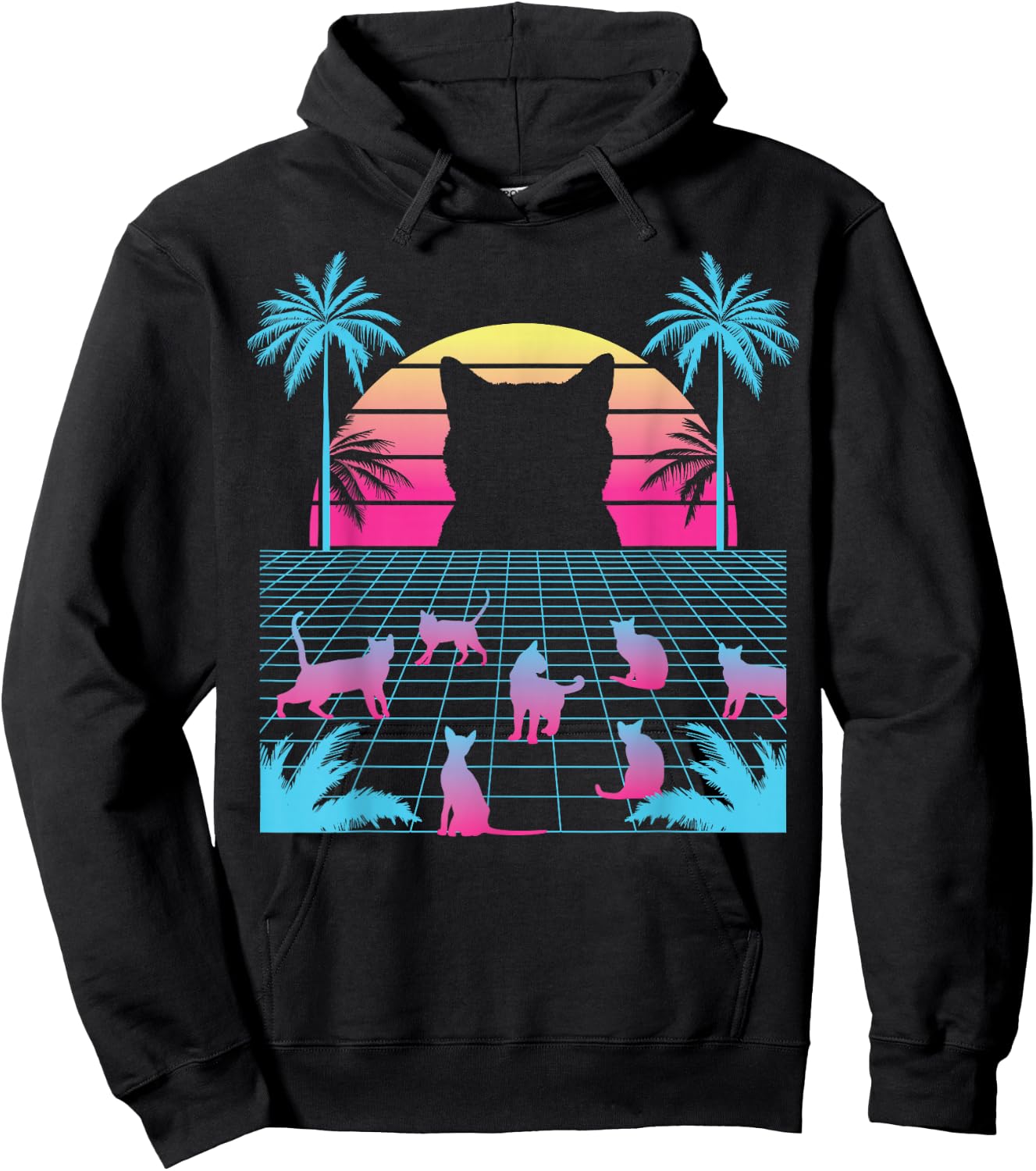 Vaporwave Cats - Retro Vintage Sunset - 80s 90s Japanese Hoodie - Hoodie | Black