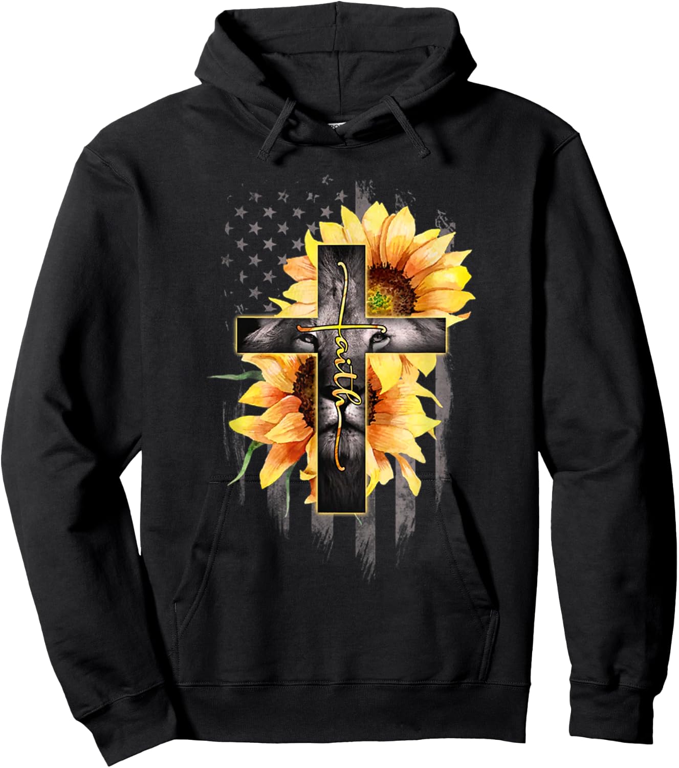 Faith Cross Christian Lion Sunflower American Flag Hoodie - Hoodie | Black