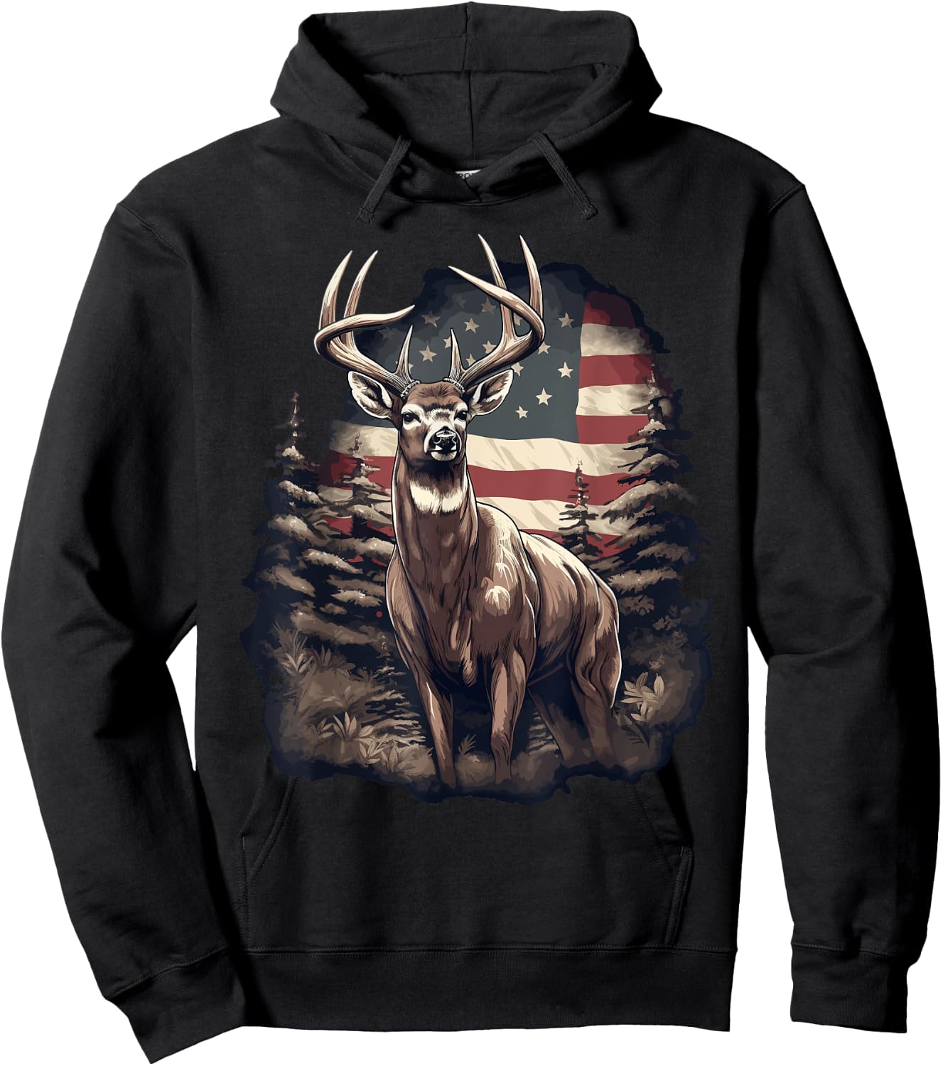 Whitetail Buck Deer Hunting US Flag Patriotic Hunter Hoodie - Hoodie | Black