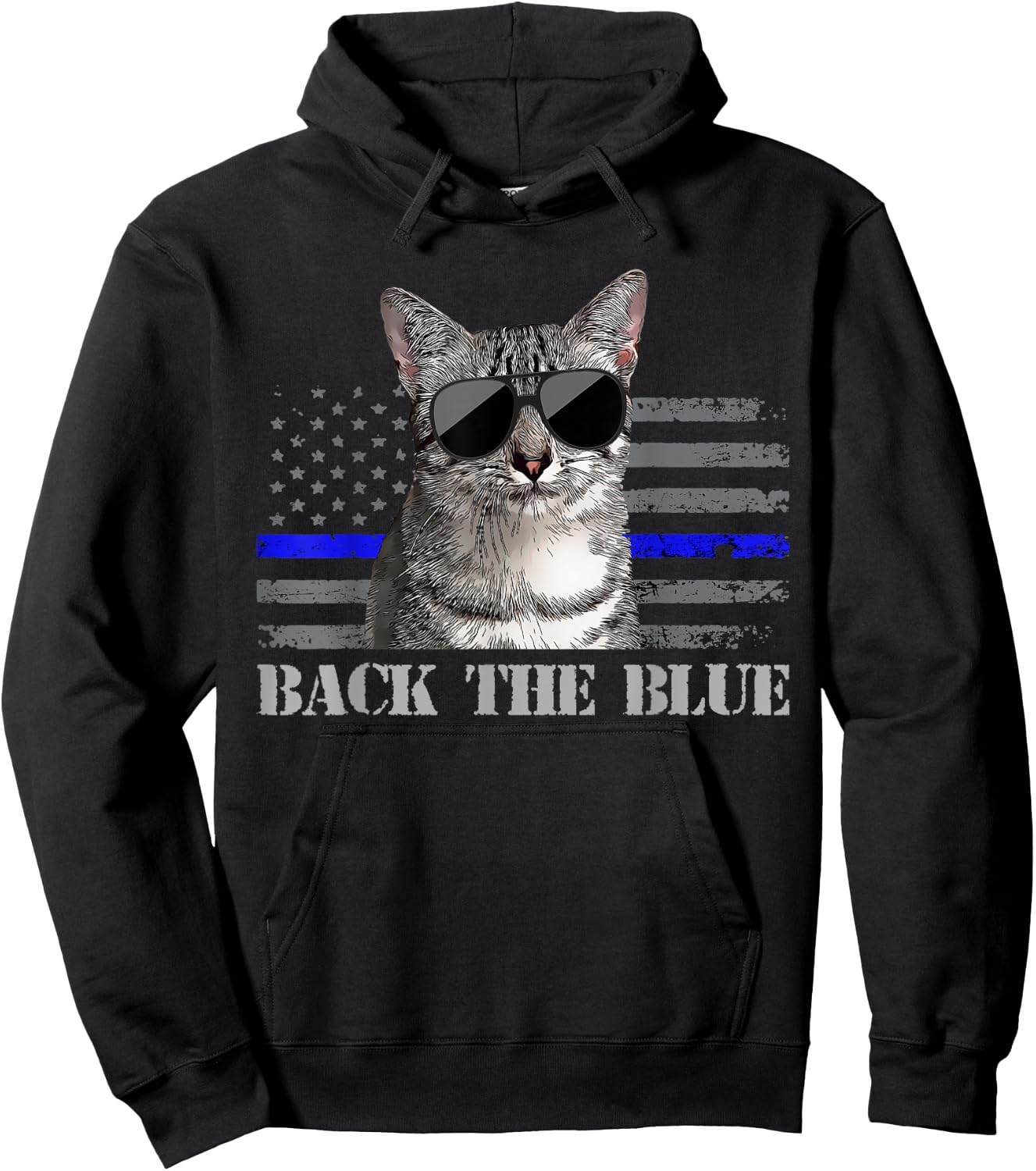 Back the Blue Police Cat Thin Blue Line American Flag Kids Men Hoodie - Hoodie | Black