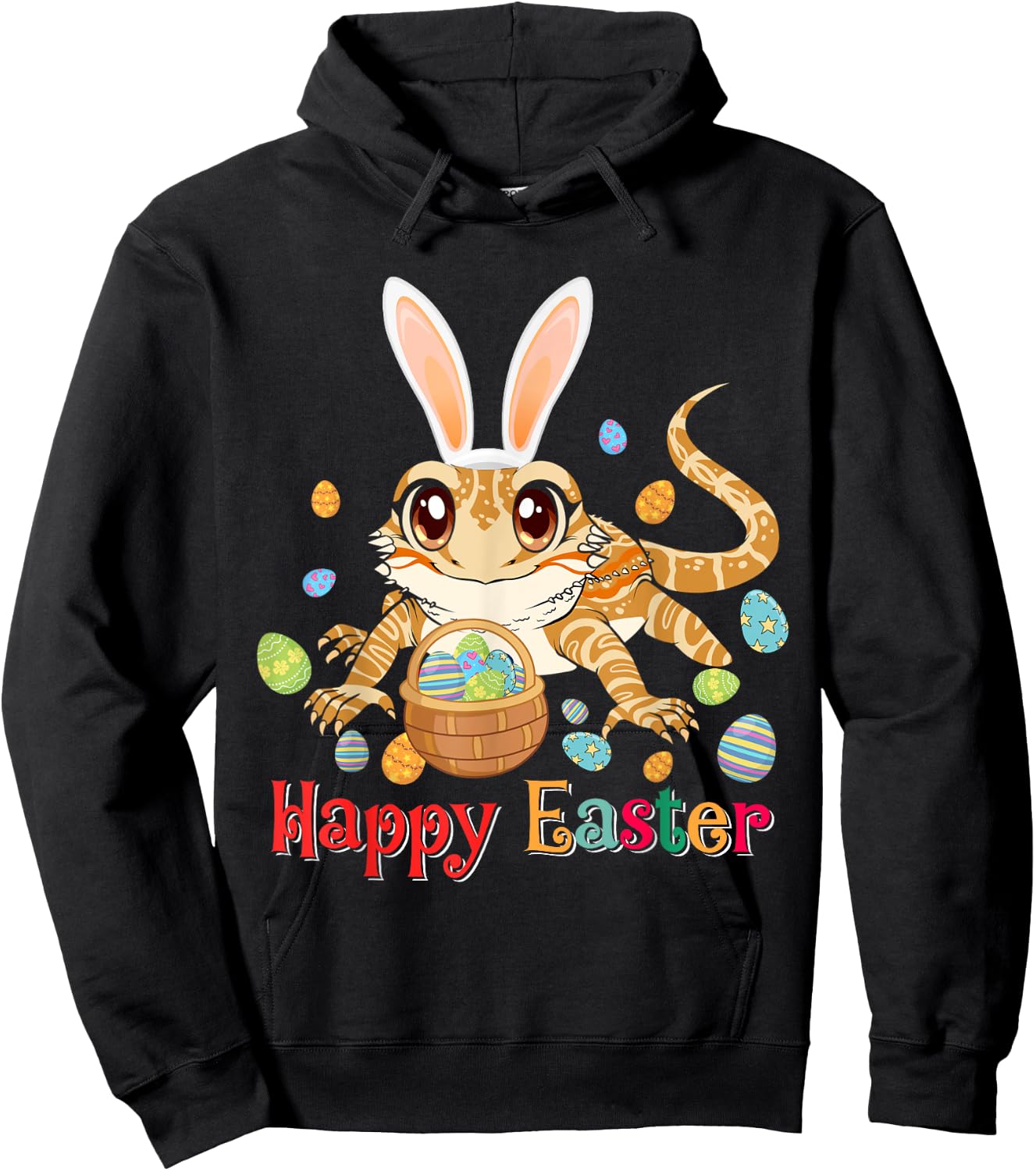 Happy Easter Cute Bunny Bearded Dragon Easter Eggs Basket Hoodie - Hoodie | Black