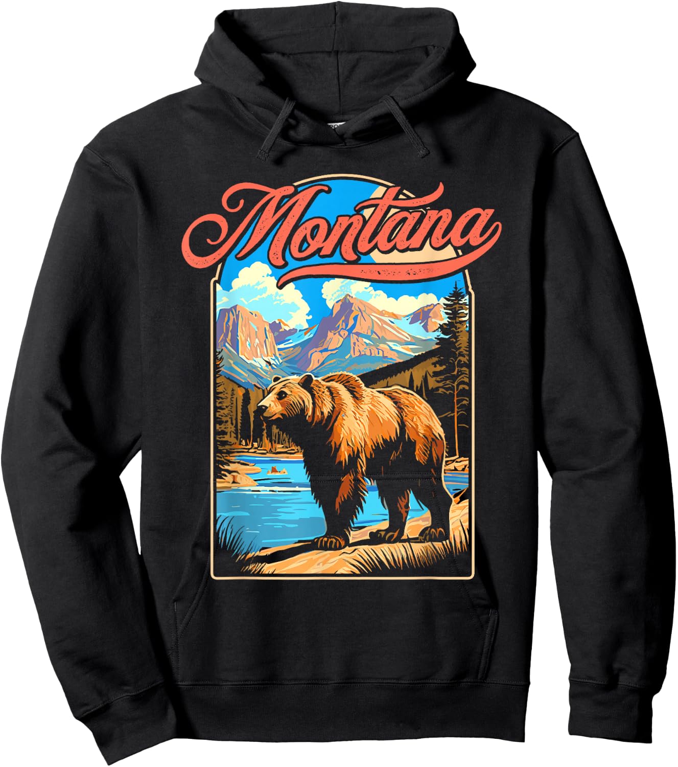 Grizzly Bear & Montana Mountains Vintage 70s Vibe Graphic Hoodie - Hoodie | Black