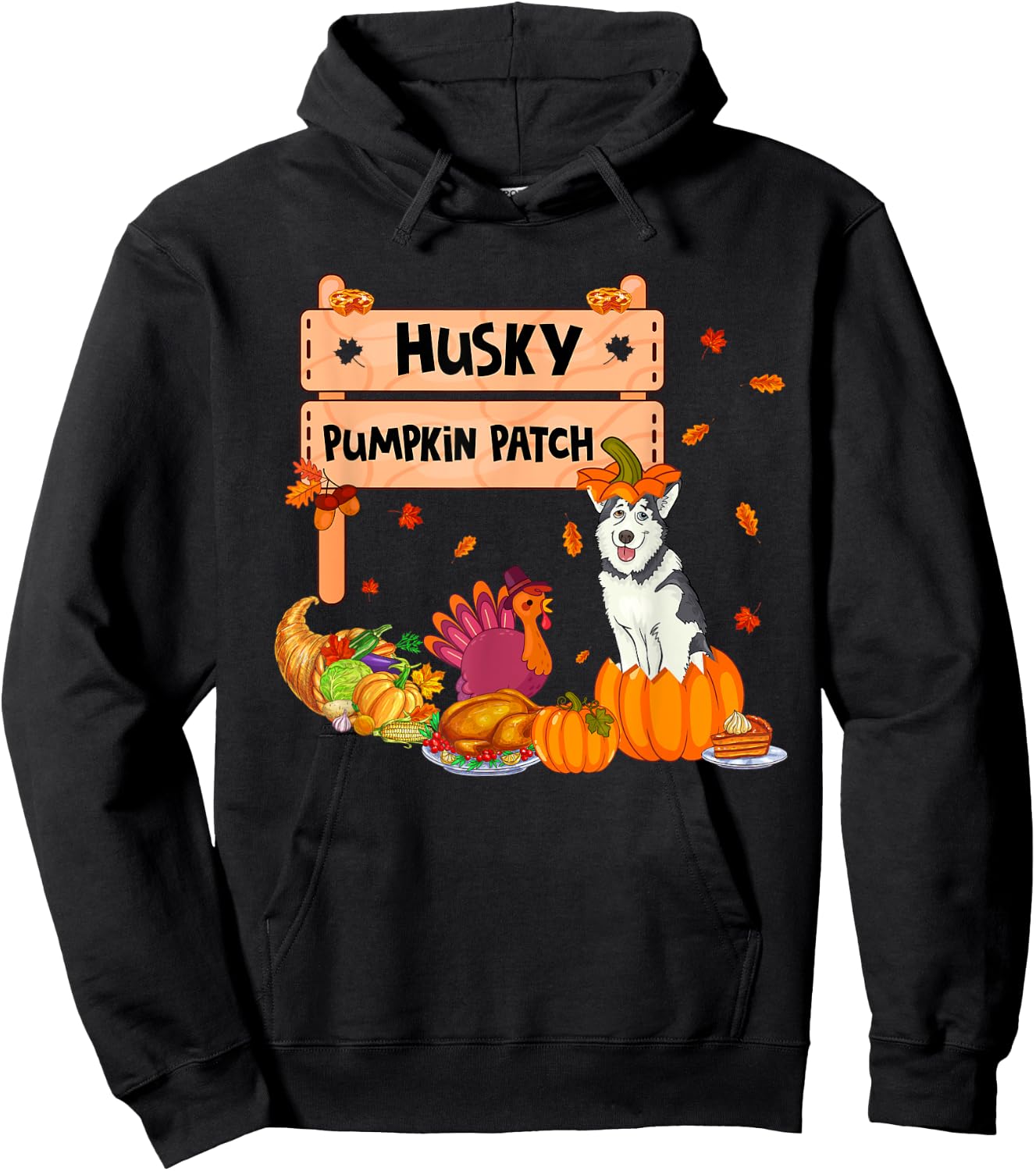 Husky Pumpkin Patch Thanksgiving Dog In Pumpkin Case Turkey Women Kids Hoodie - Hoodie | Black