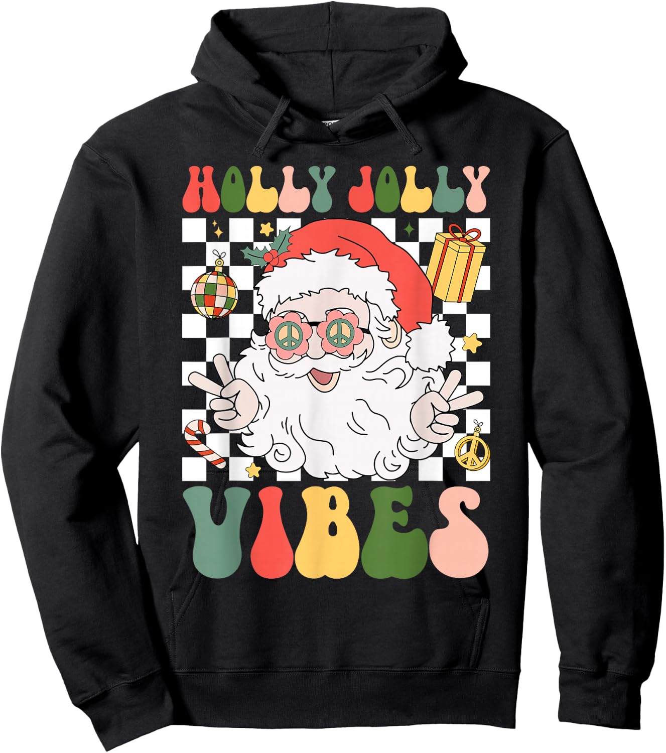 Retro Groovy Holly And Jolly Vibes Peace Santa Xmas Lights Hoodie - Hoodie | Black