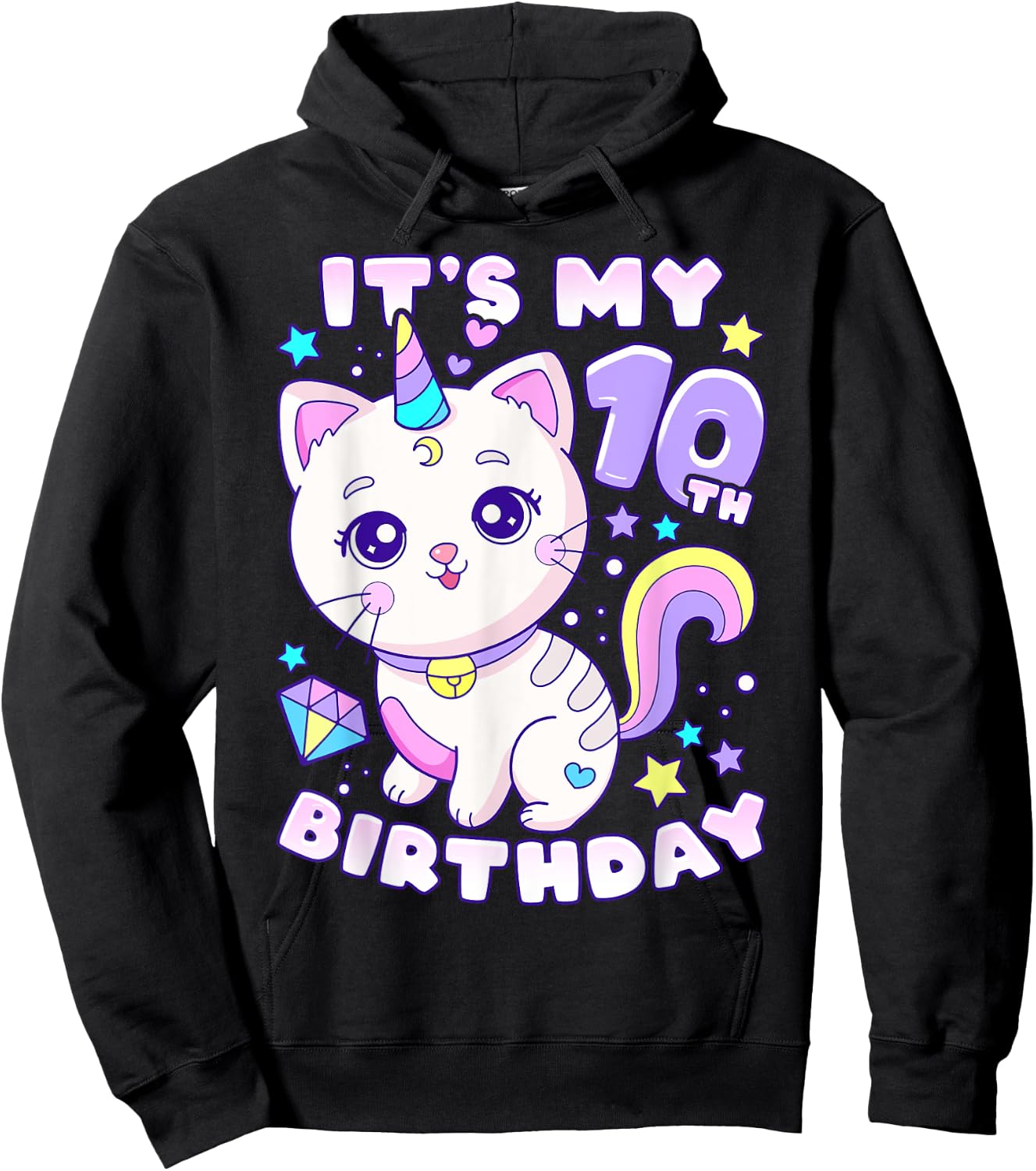 Birthday girl 10 years old, cat, unicorn, 10th birthday Hoodie - Hoodie | Black
