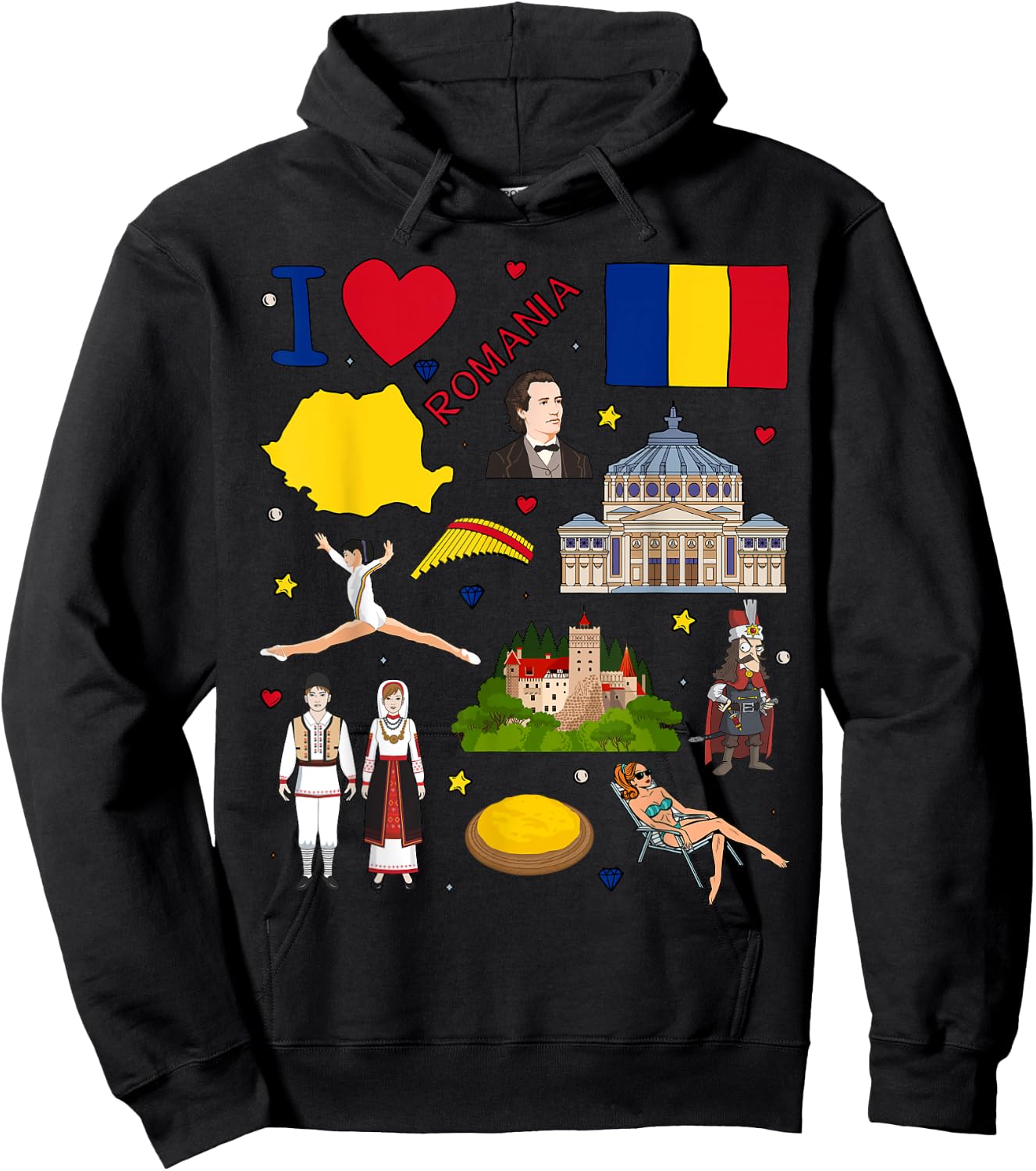 I love Romania. Hand drawn Romanian Landmarks, flag and map Hoodie - Hoodie | Black