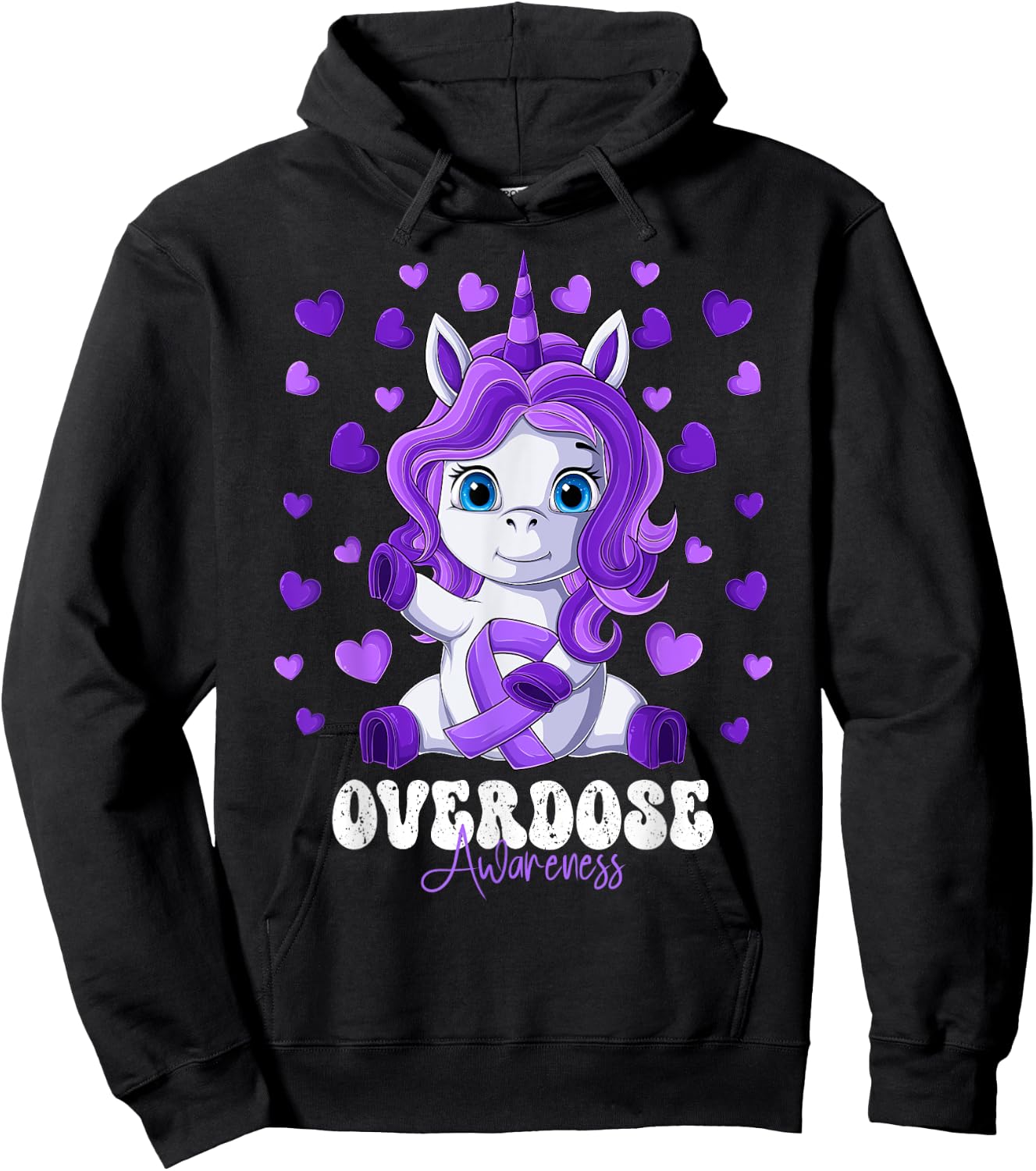 Overdose Awareness Month Purple Ribbon Unicorn Hoodie - Hoodie | Black