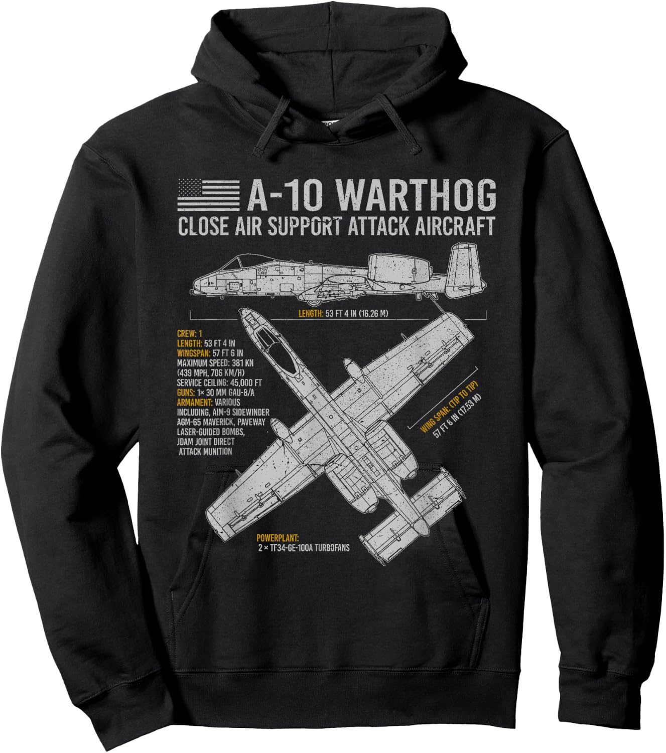 Aviation Geeks Store A-10 Warthog Thunderbolt II Aircraft Airplane Blueprint Fact Hoodie - Hoodie | Black