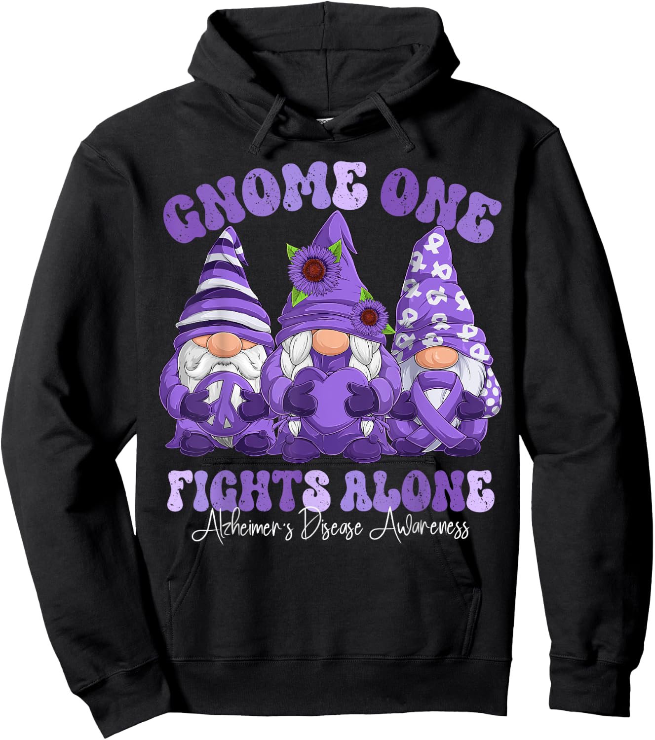 Alzheimer's Disease Awareness Month Purple Ribbon Gnomies Hoodie - Hoodie | Black