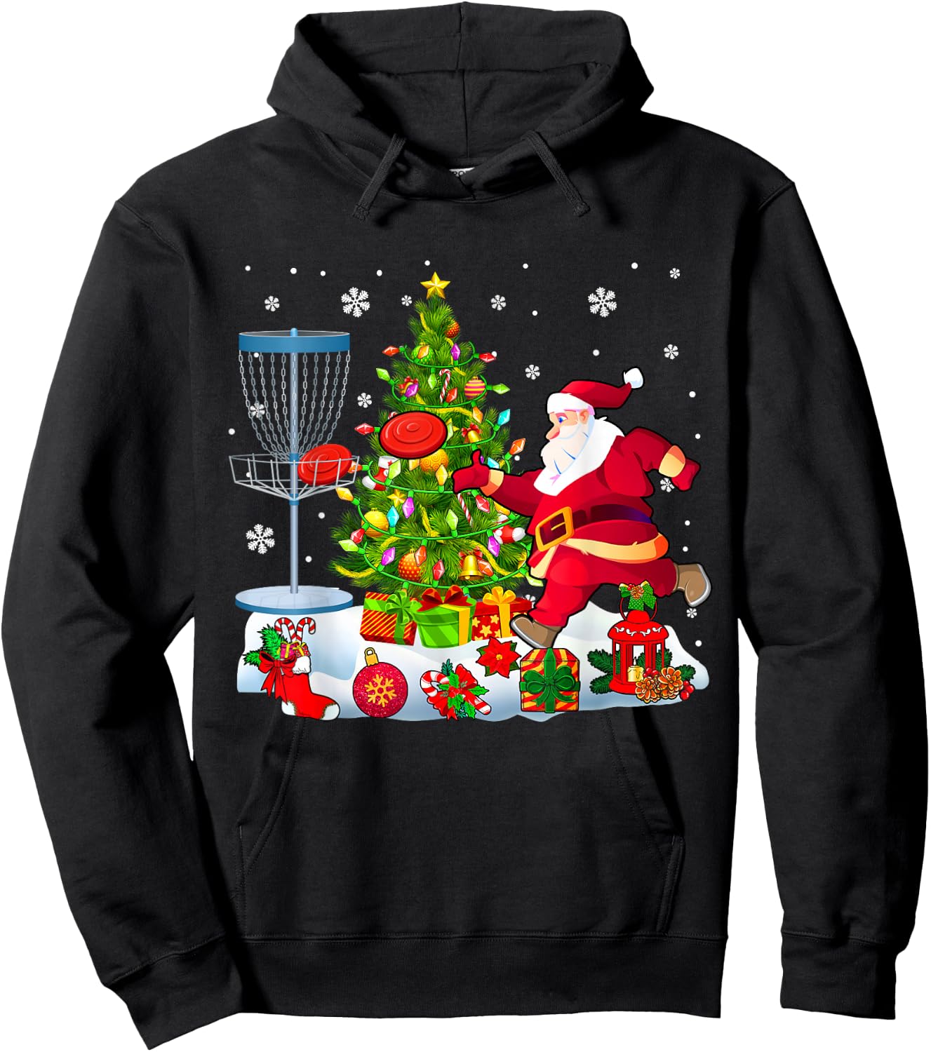 Xmas Tree Light Presents Santa Playing Disc Golf Player Hoodie - Hoodie | Black